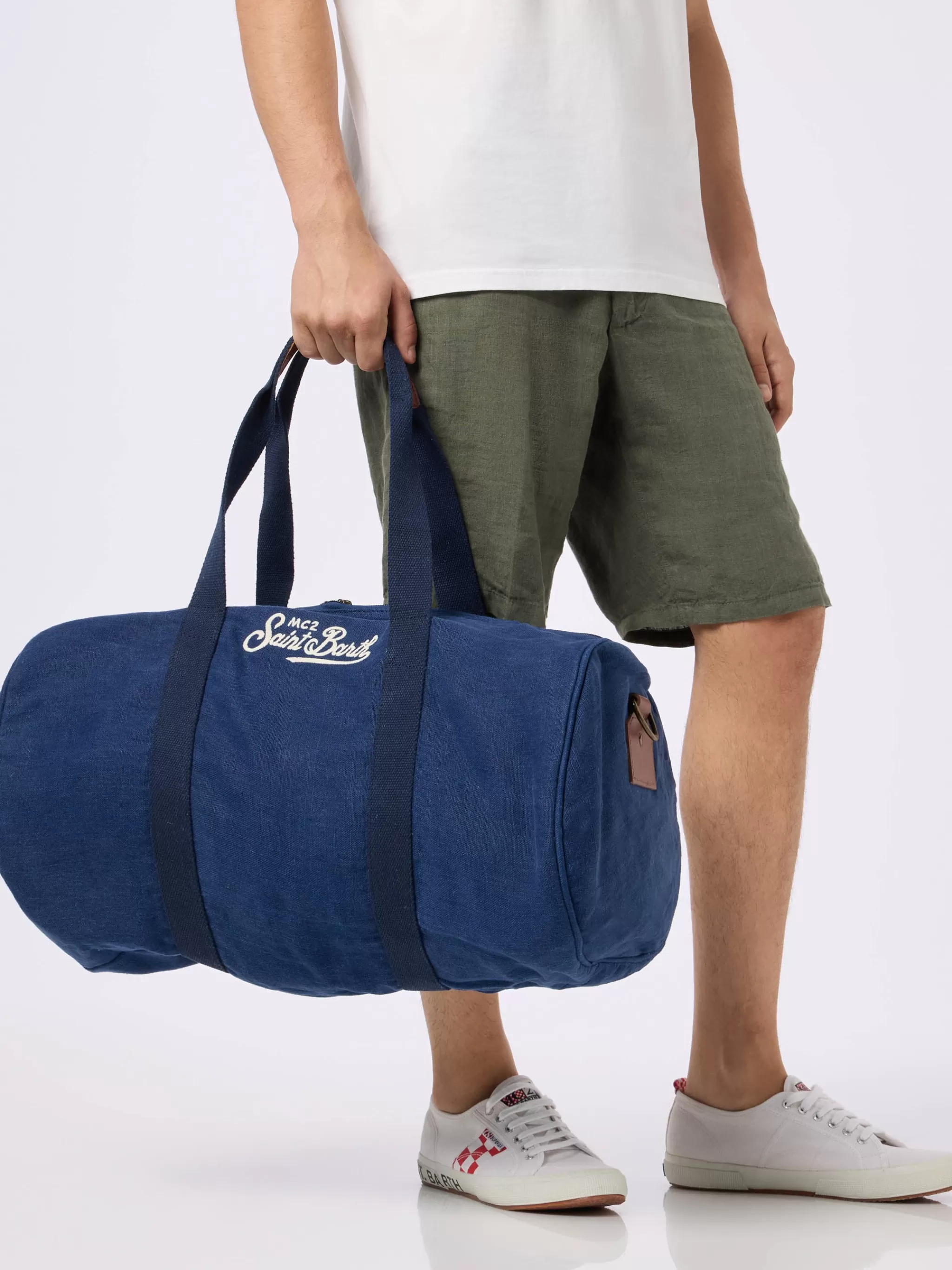 MC2 Saint Barth Blue linen travel duffle bag Jetleg Fashion