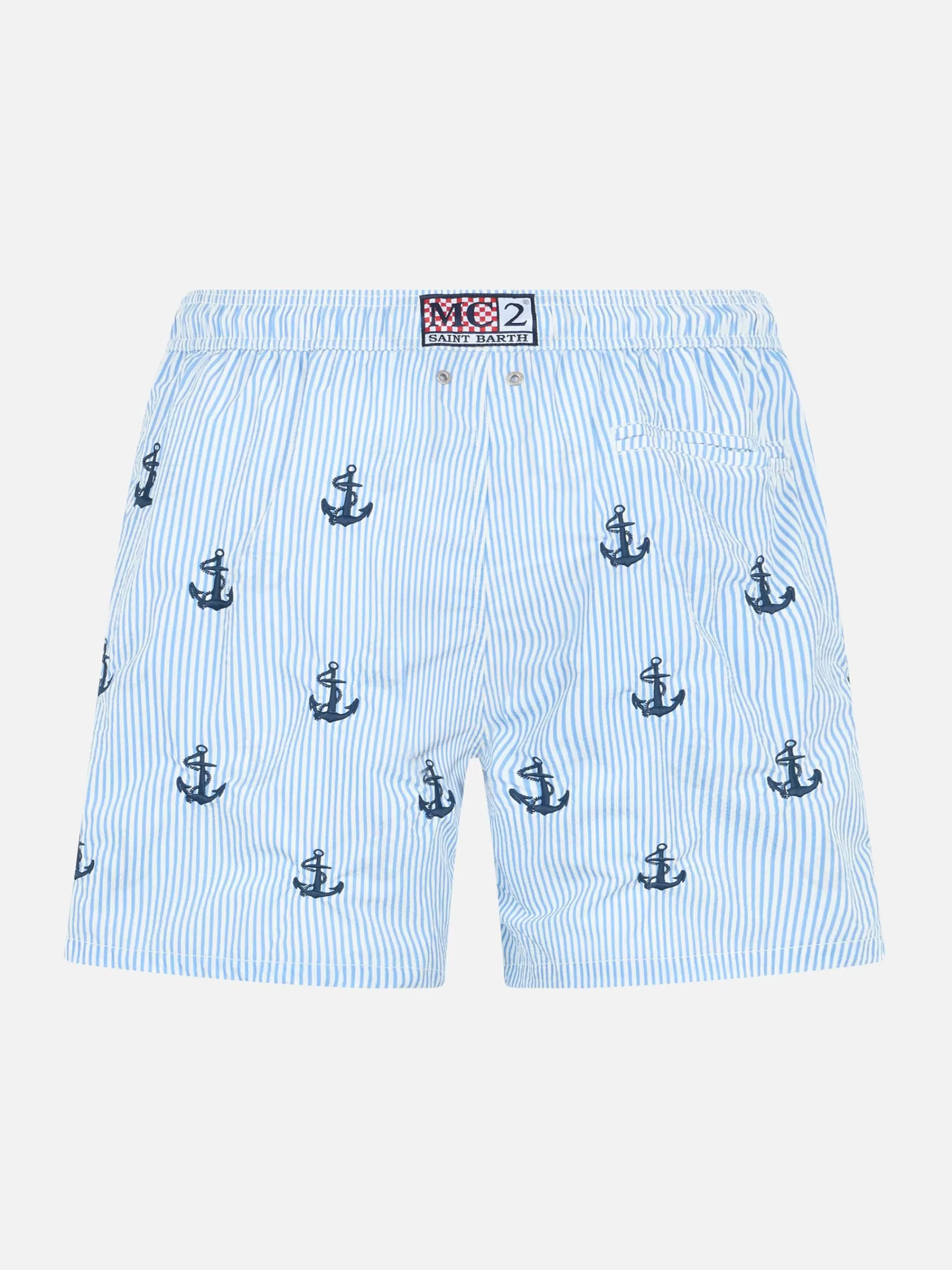 MC2 Saint Barth Boy seersucker swim-shorts Jean with anchors embroidery Sale