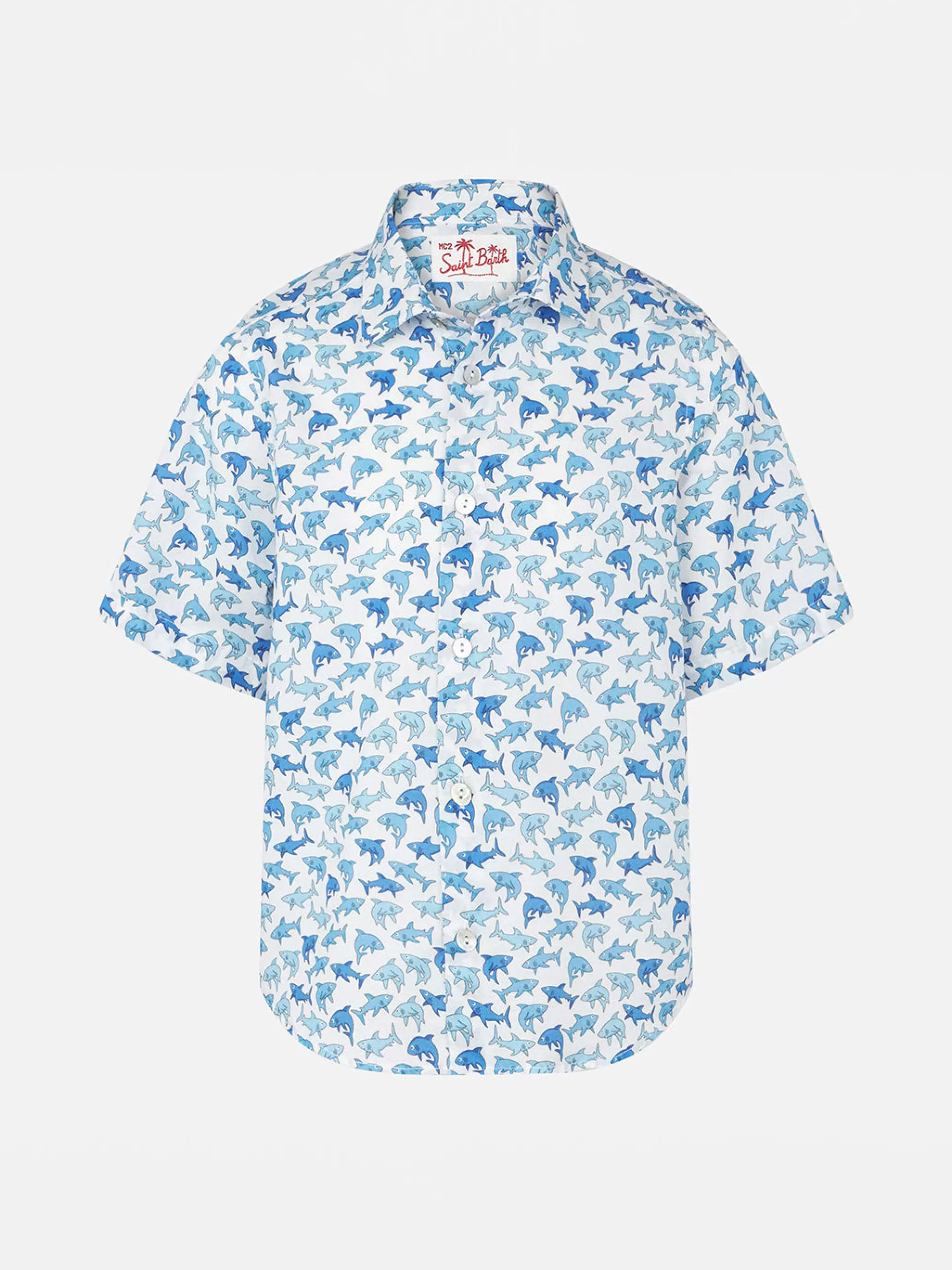 MC2 Saint Barth Boy shirt with light blue sharks all over print Flash Sale