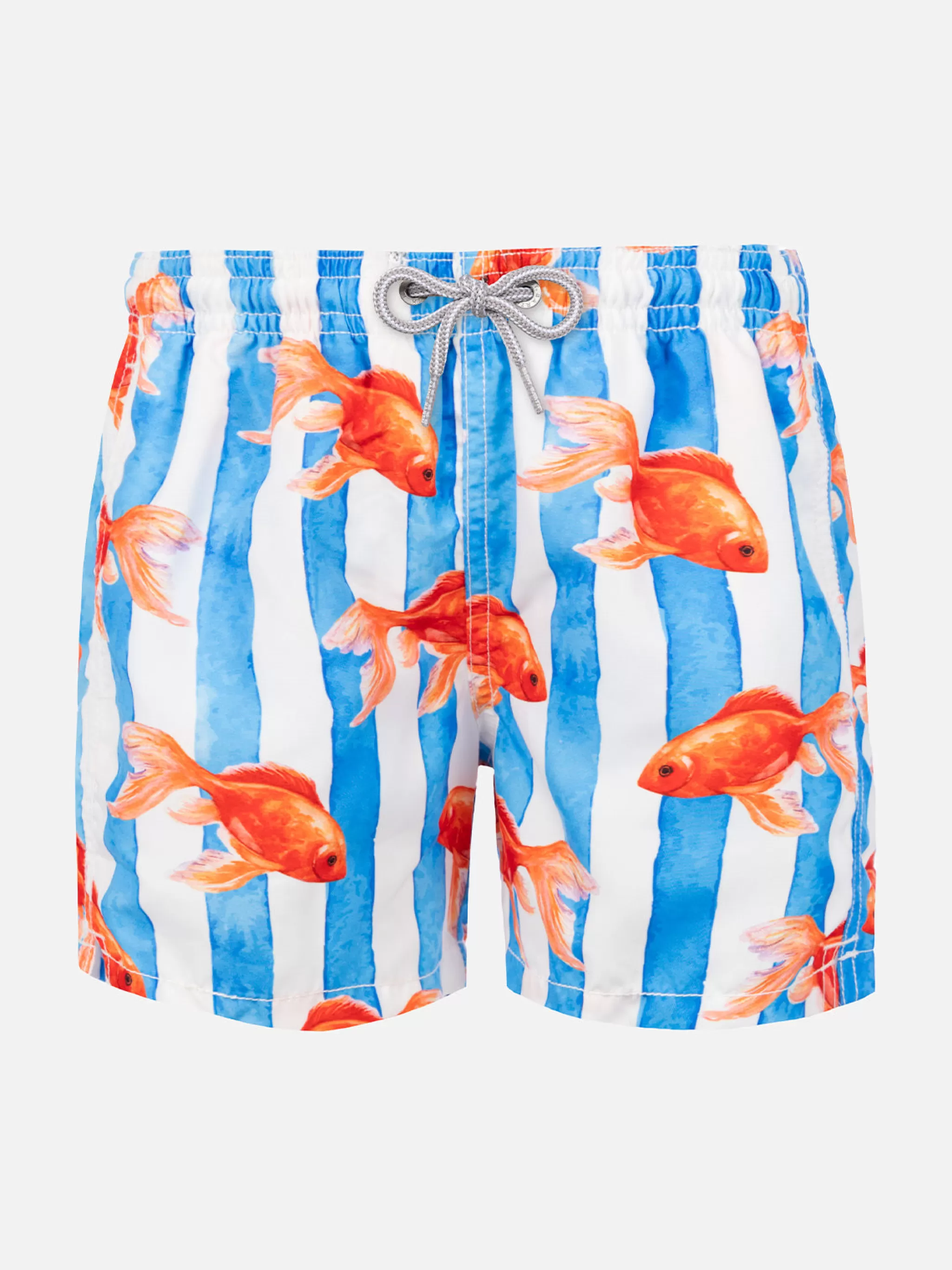 MC2 Saint Barth Boy striped swim srunks with with gold fish print Cheap