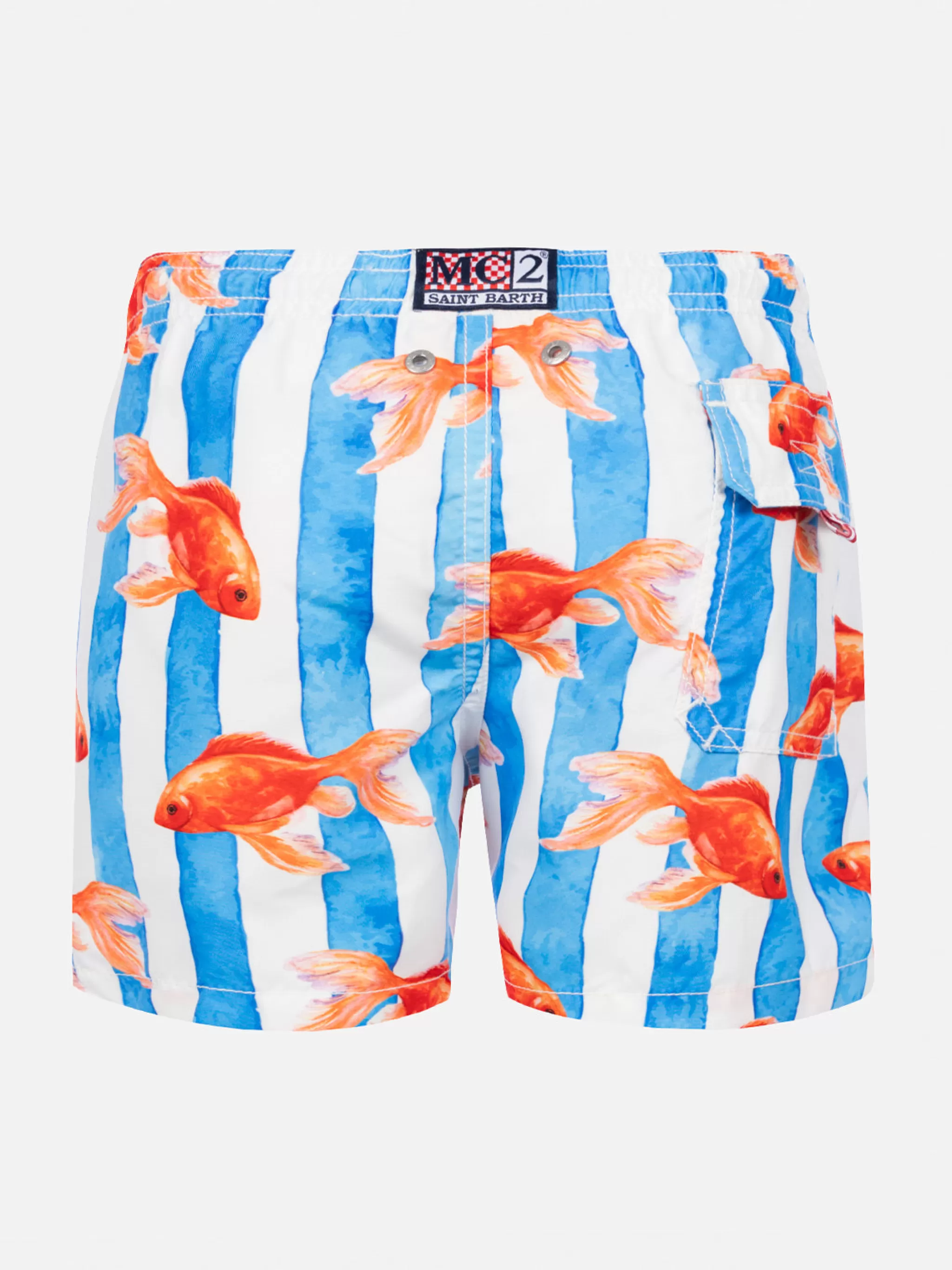 MC2 Saint Barth Boy striped swim srunks with with gold fish print Cheap