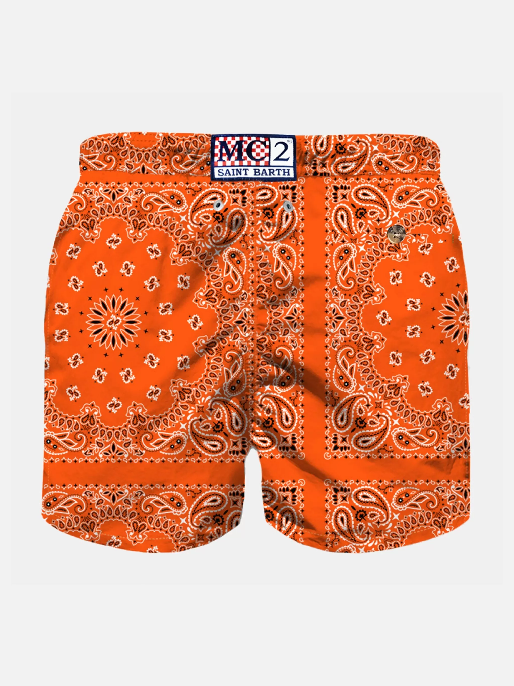 MC2 Saint Barth Boy swim shorts with orange bandanna print Store