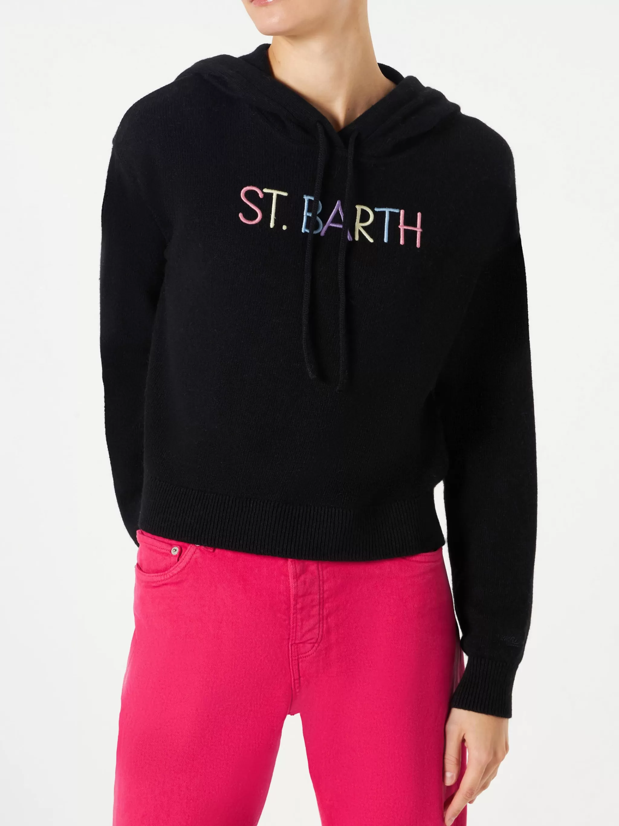 MC2 Saint Barth Cropped knit hoodie with St. Barth embroidery Best Sale