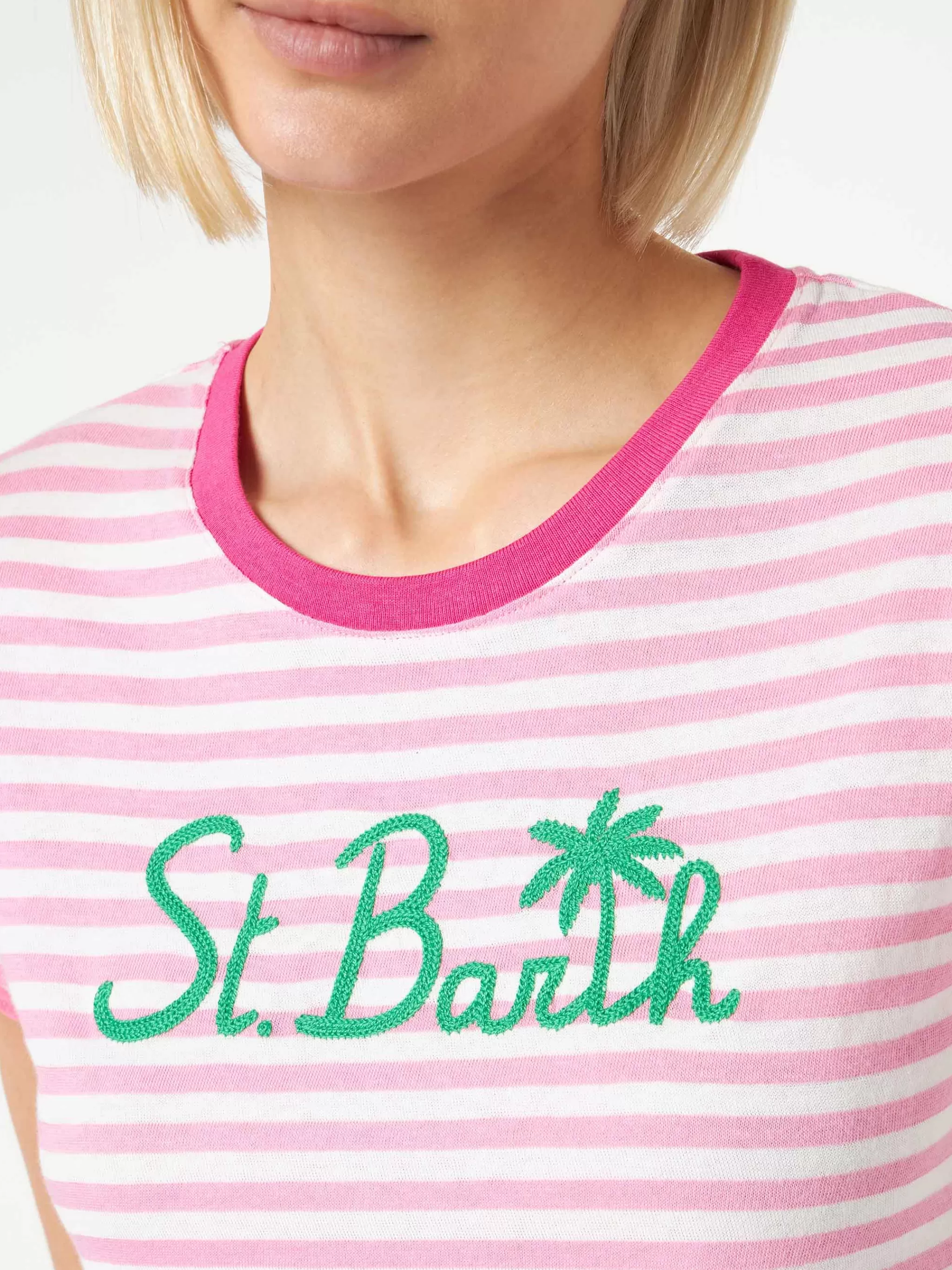 MC2 Saint Barth Fucsia striped cotton t-shirt with St. Barth embroidery Store