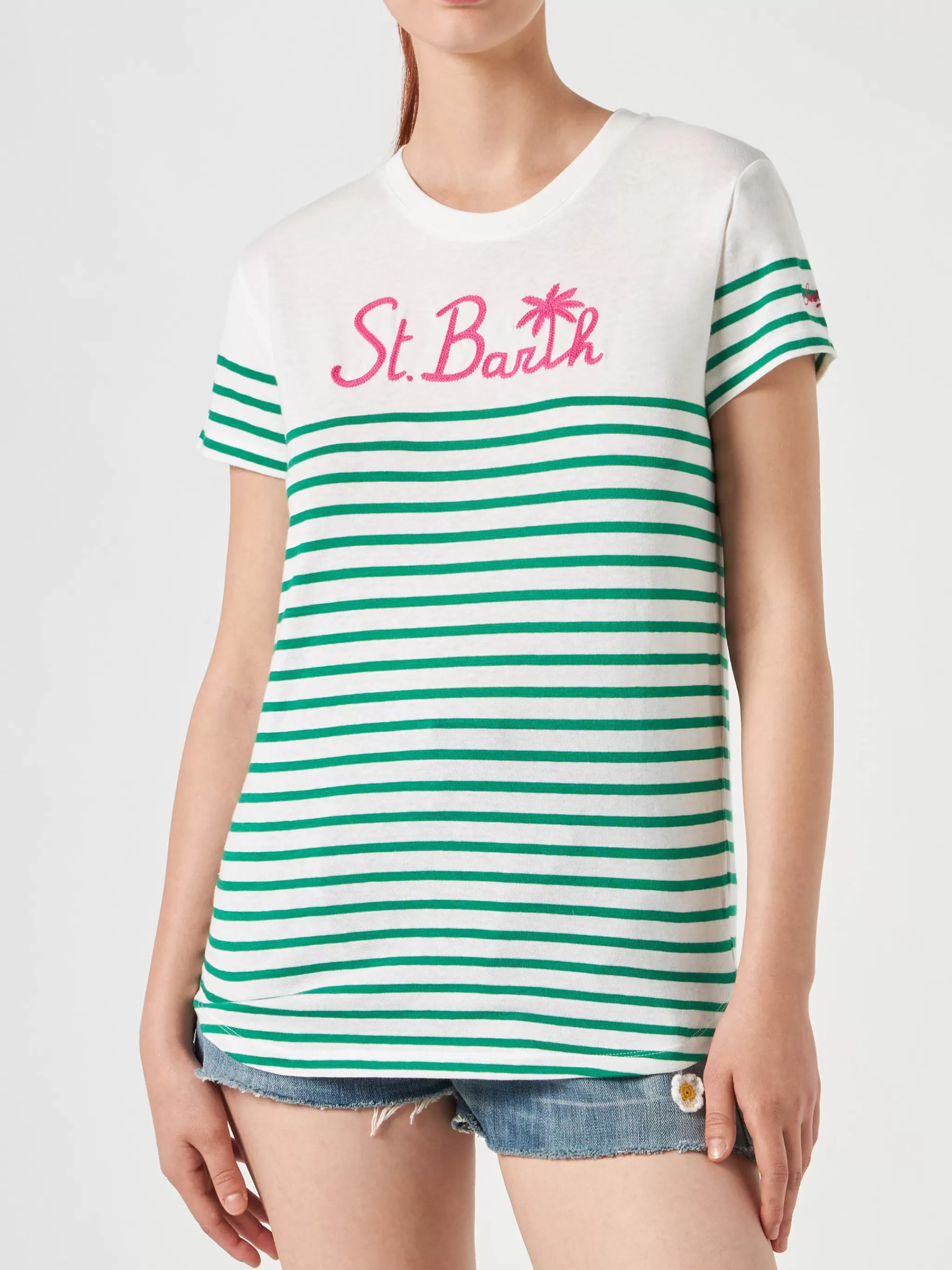 MC2 Saint Barth Green striped cotton t-shirt with St. Barth embroidery Fashion