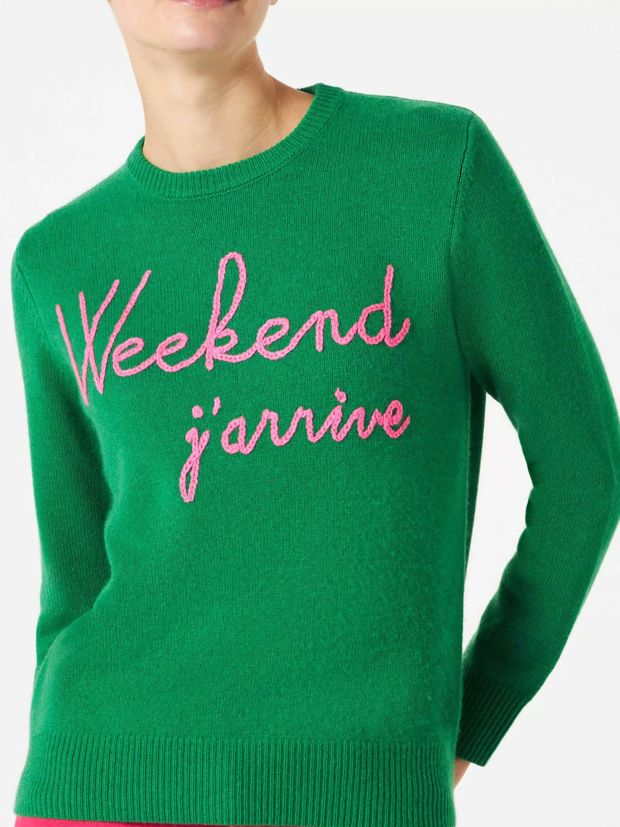 MC2 Saint Barth Green sweater Weekend j'arrive fluo pink embroidery Discount