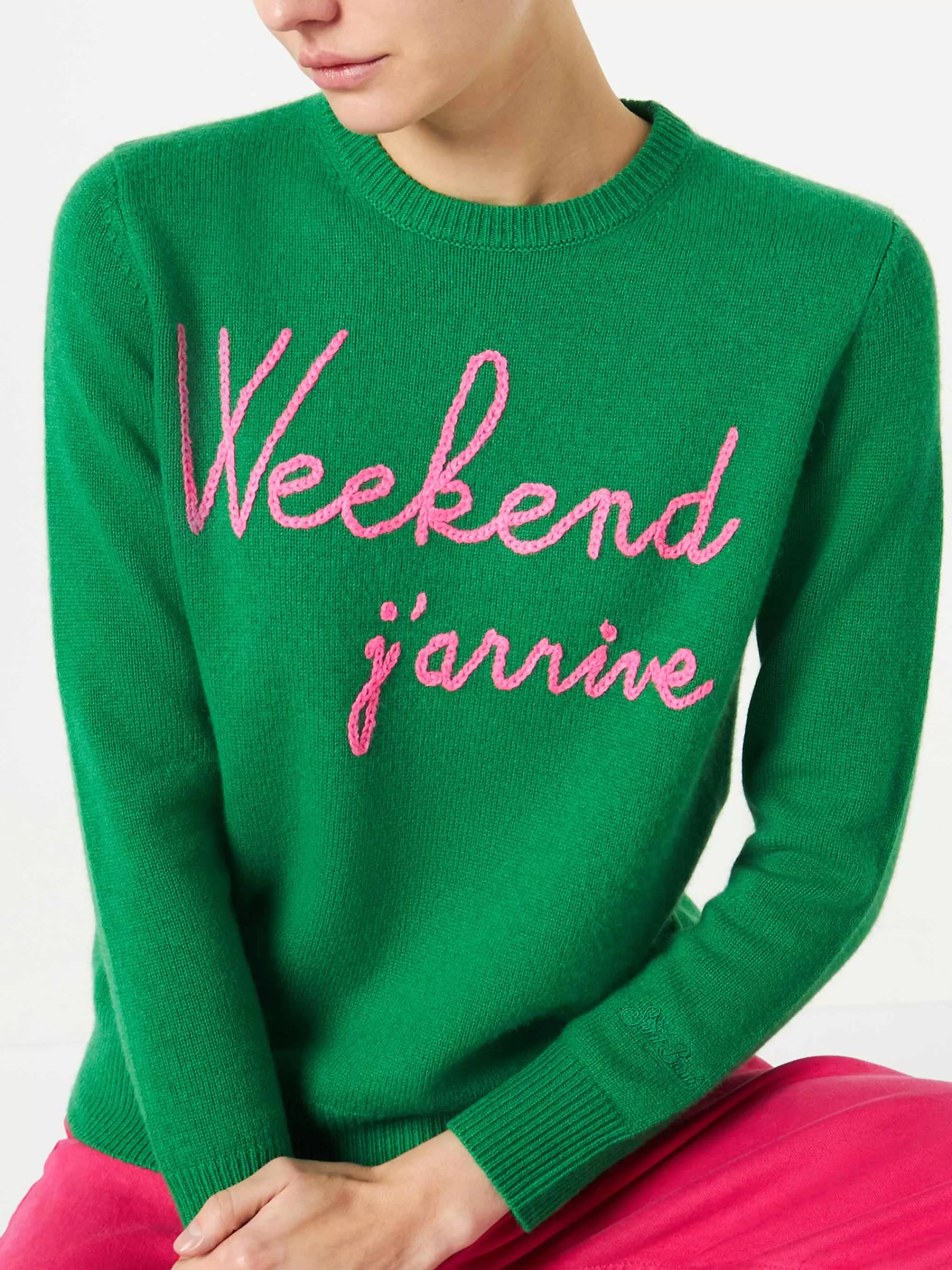 MC2 Saint Barth Green sweater Weekend j'arrive fluo pink embroidery Discount