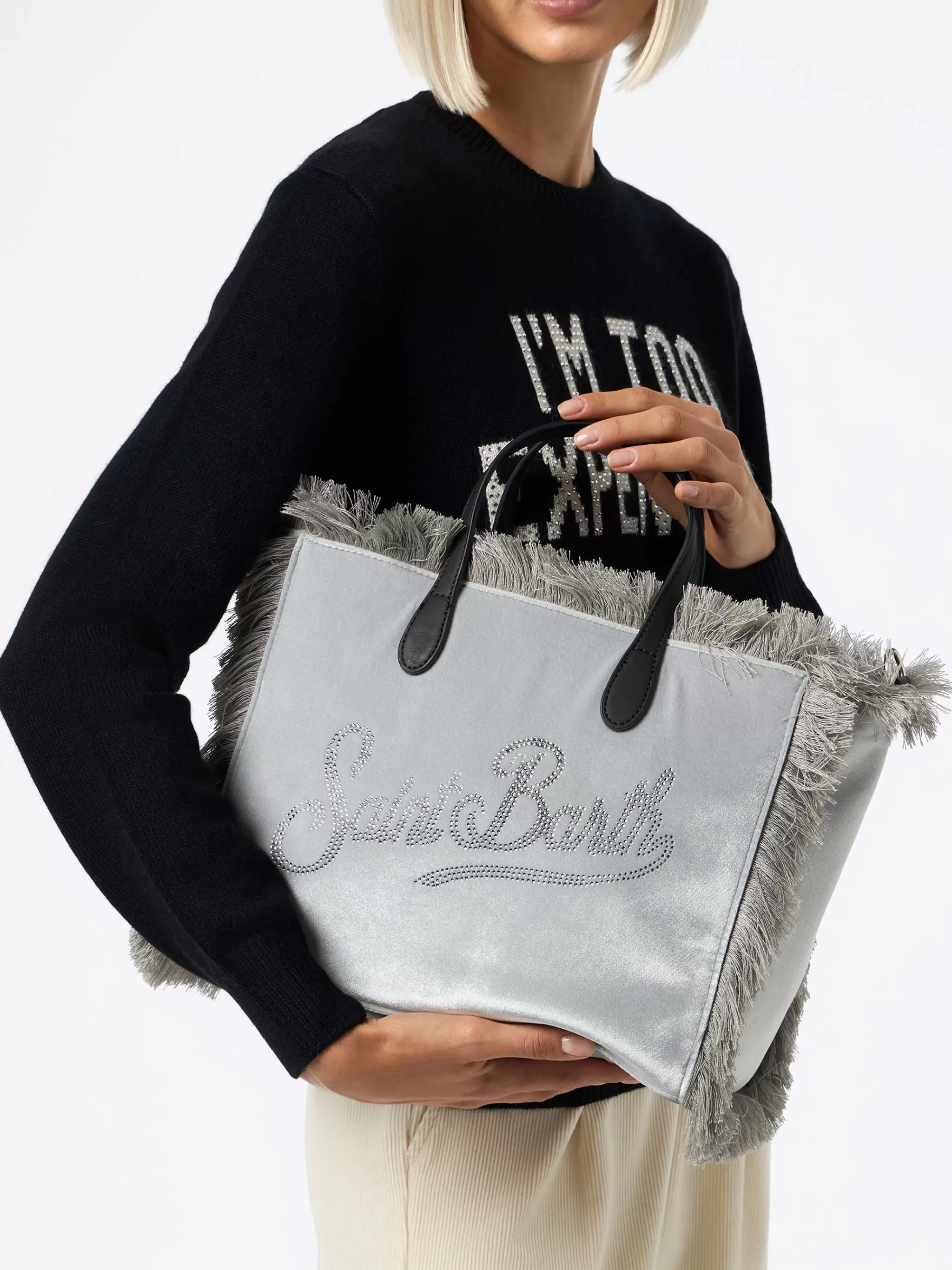 MC2 Saint Barth Grey velvet Colette handbag with rhinestones logo Sale