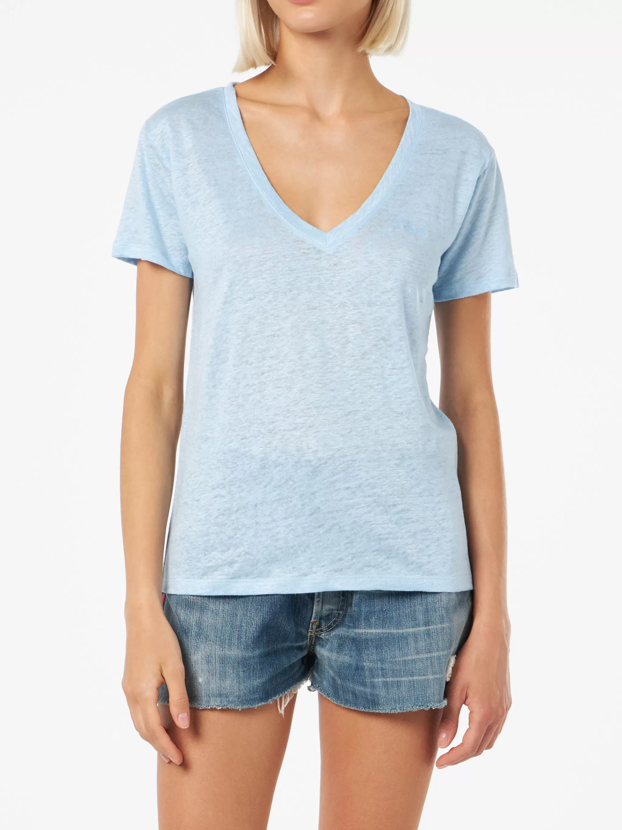 MC2 Saint Barth Linen jersey light blue V-neck t-shirt Eloise Hot