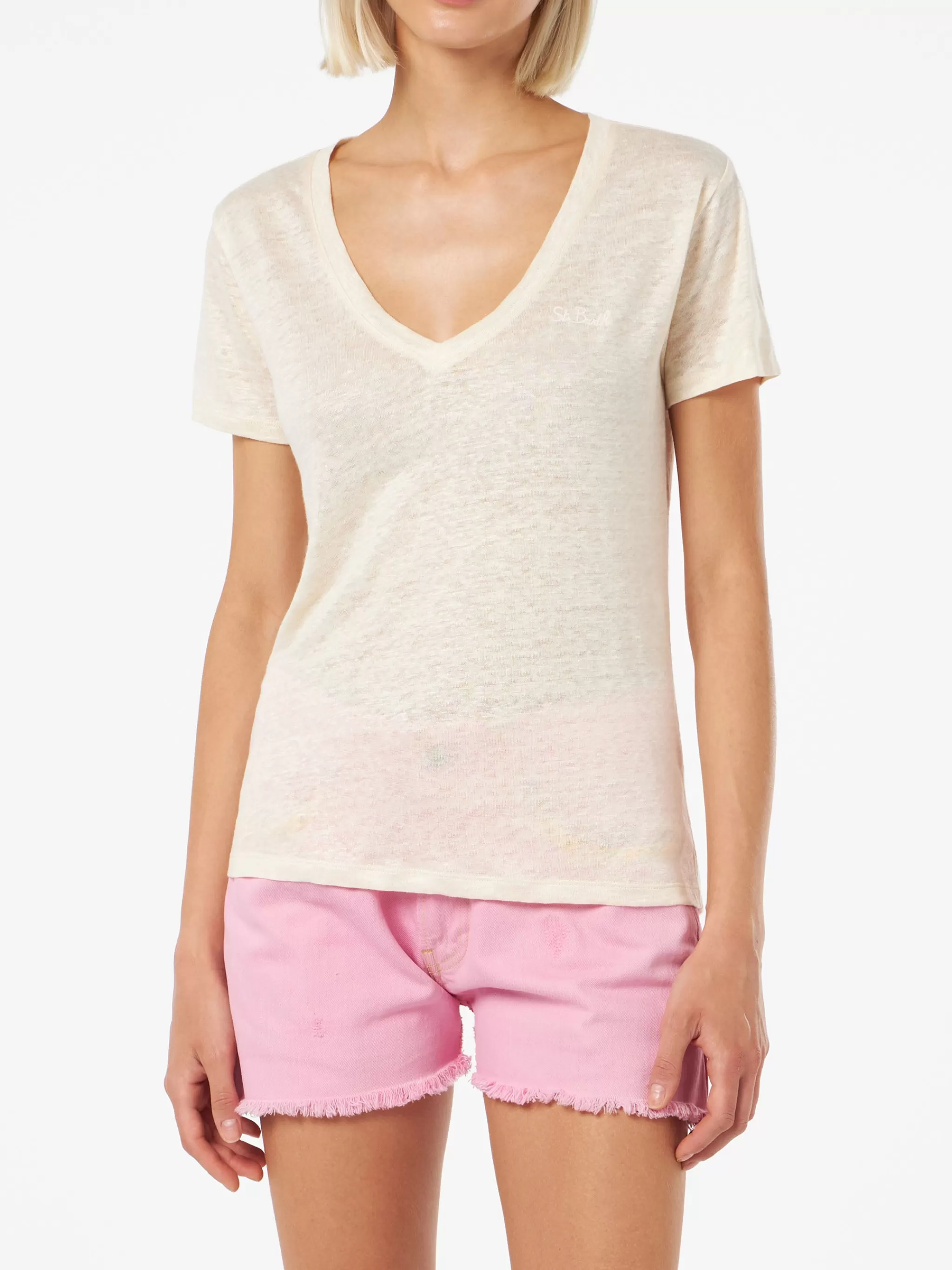 MC2 Saint Barth Linen jersey off-white V-neck t-shirt Eloise Flash Sale