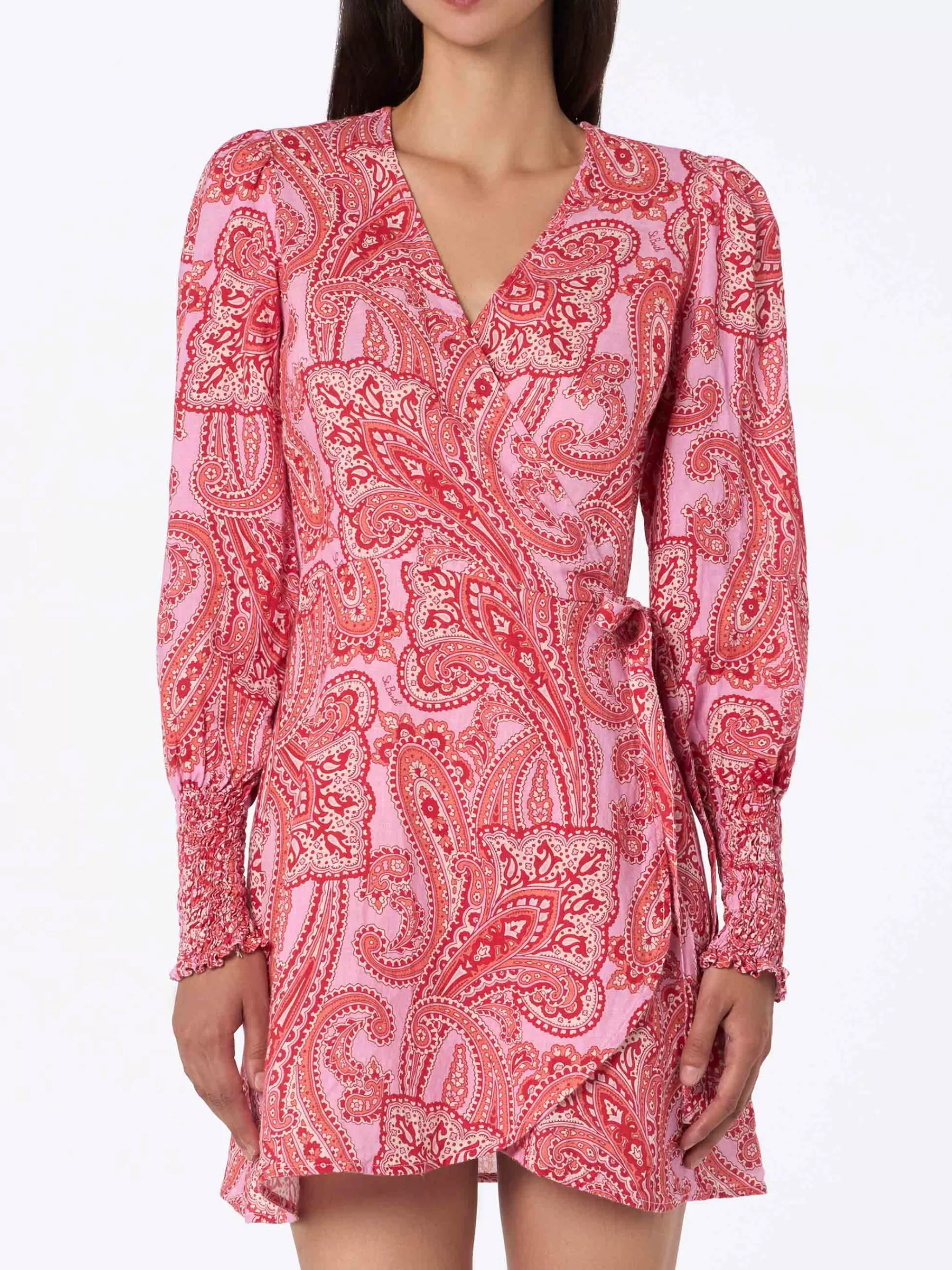 MC2 Saint Barth Linen short wrap dress Brilly with paisley print Shop