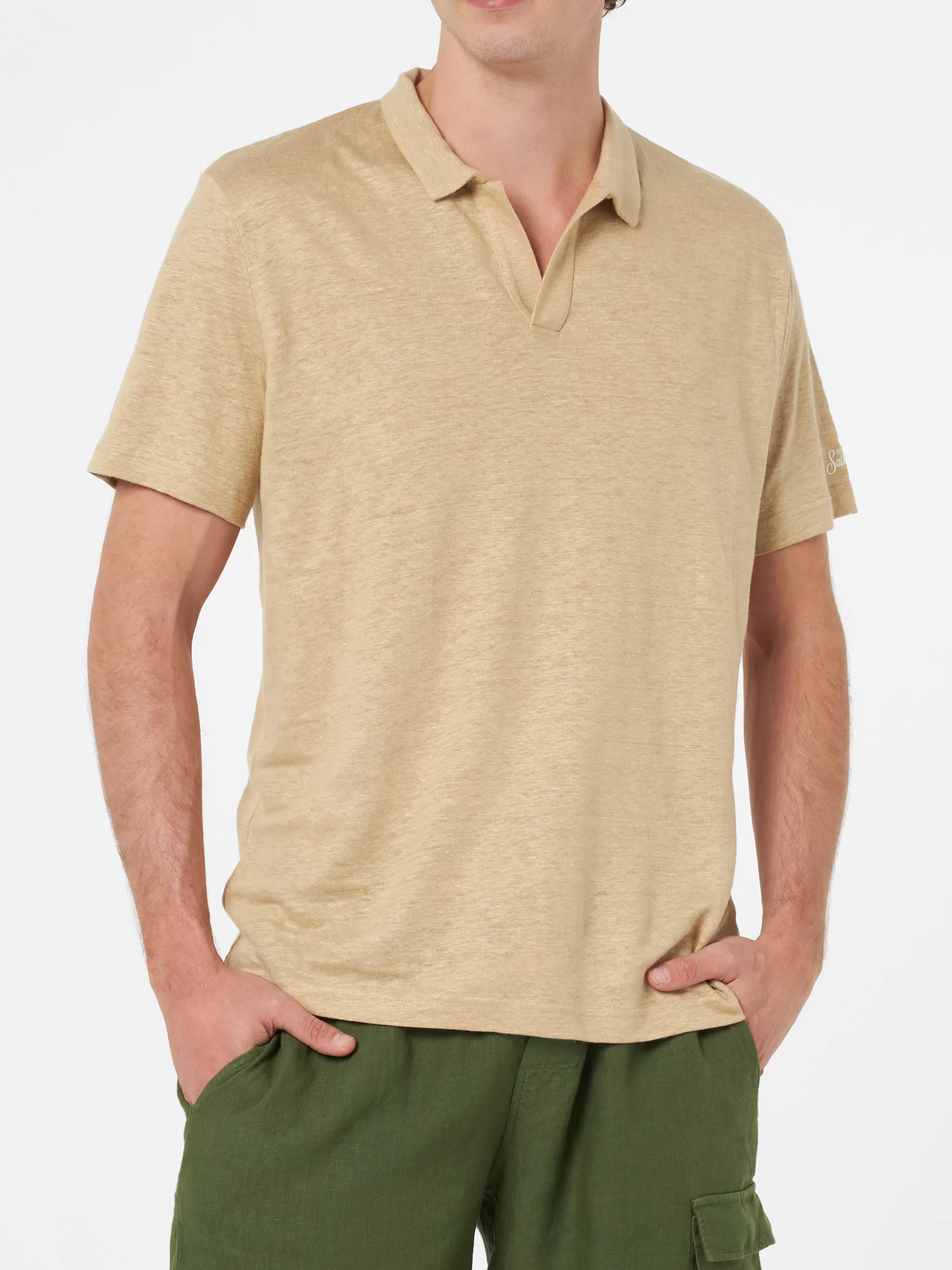 MC2 Saint Barth Man beige linen polo shirt Fraser Fashion