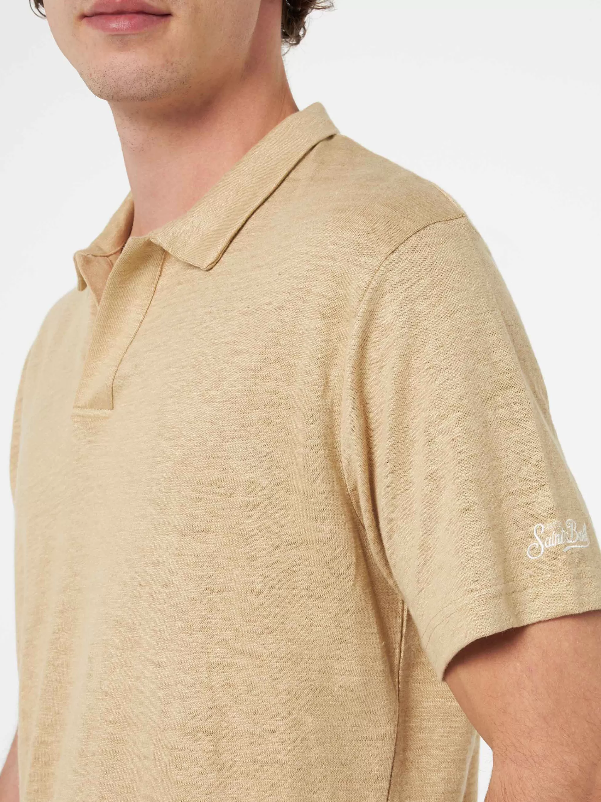 MC2 Saint Barth Man beige linen polo shirt Fraser Fashion