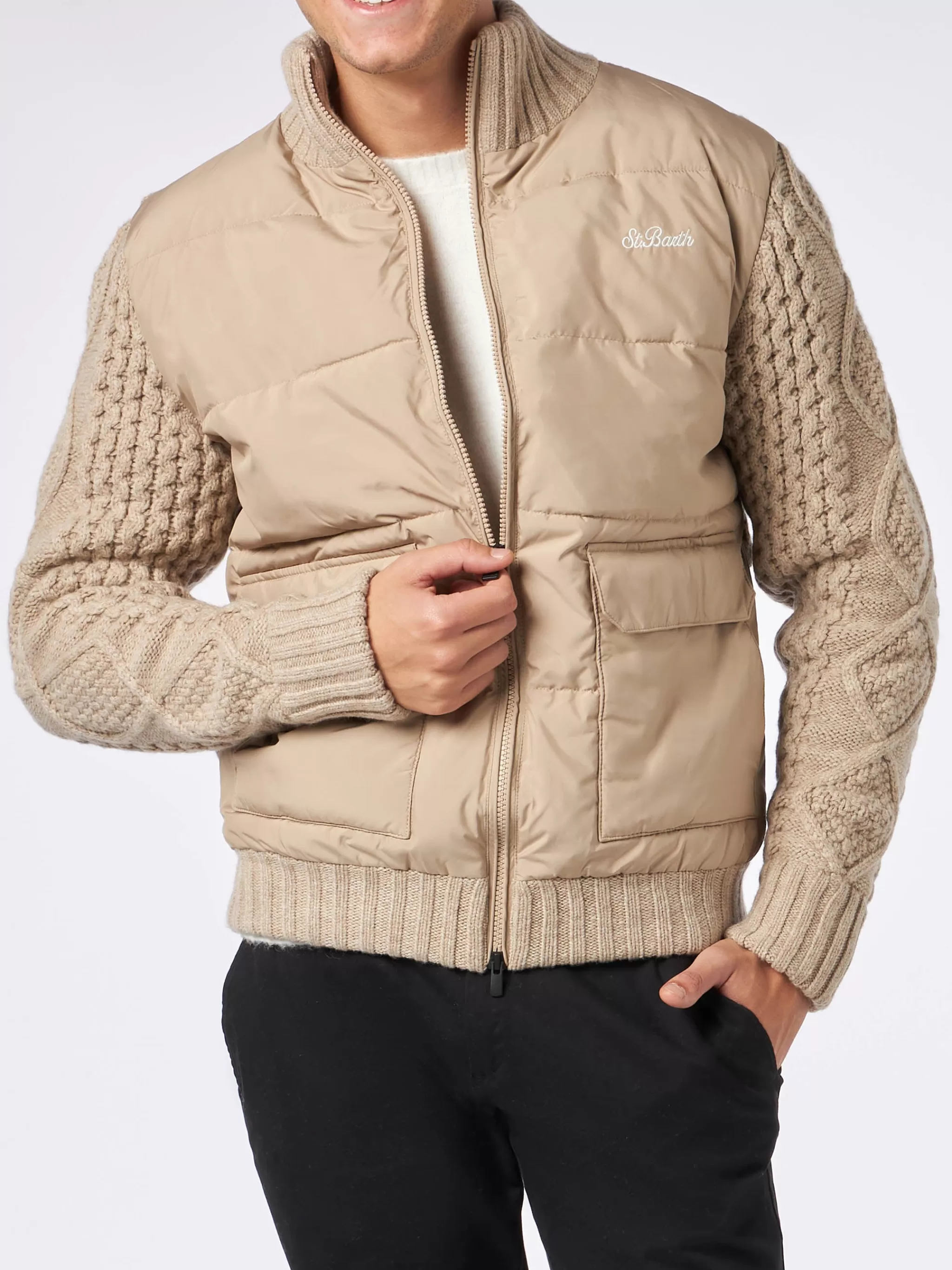 MC2 Saint Barth Man beige padded jacket with knitted braided sleeves Clearance