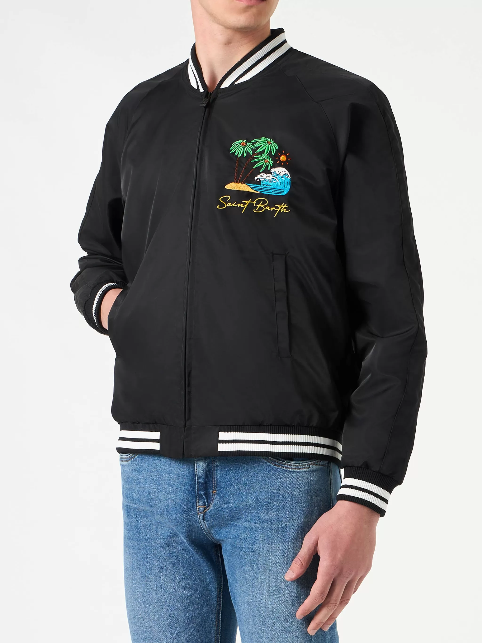 MC2 Saint Barth Man black jacket with Saint Barth island embroidery Fashion