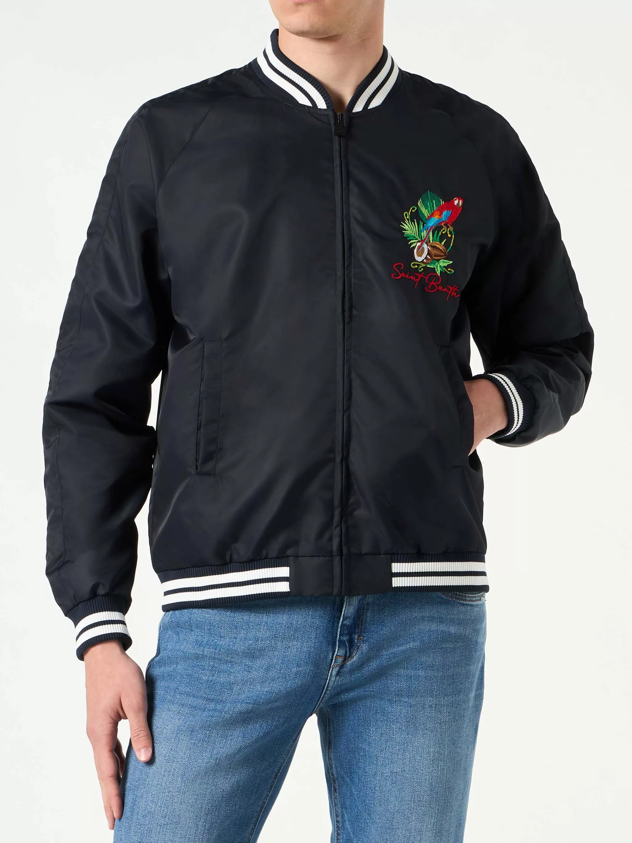 MC2 Saint Barth Man blue navy jacket with parrots embroidery Cheap