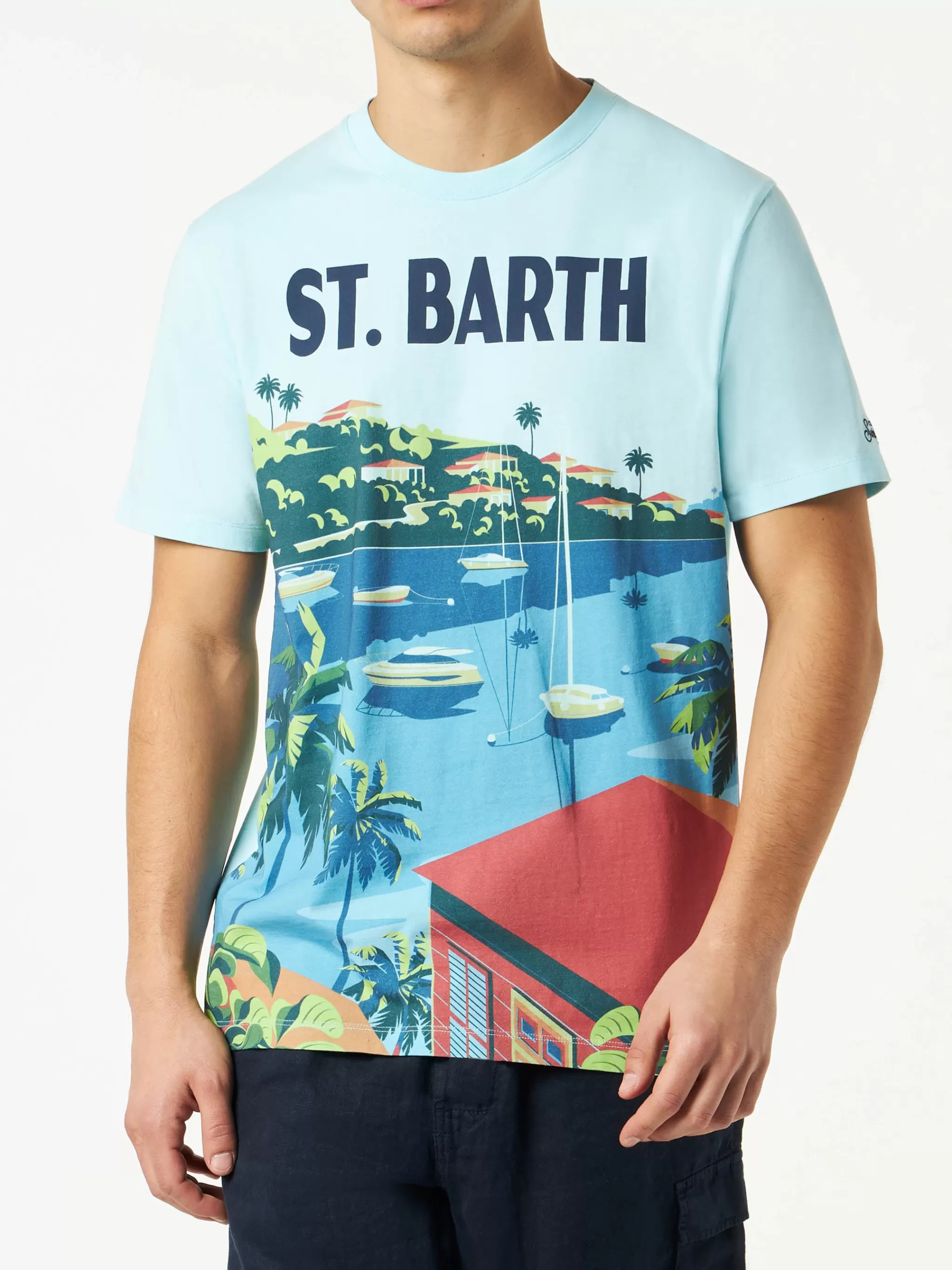 MC2 Saint Barth Man cotton t-shirt with Saint Barth postcard print Clearance