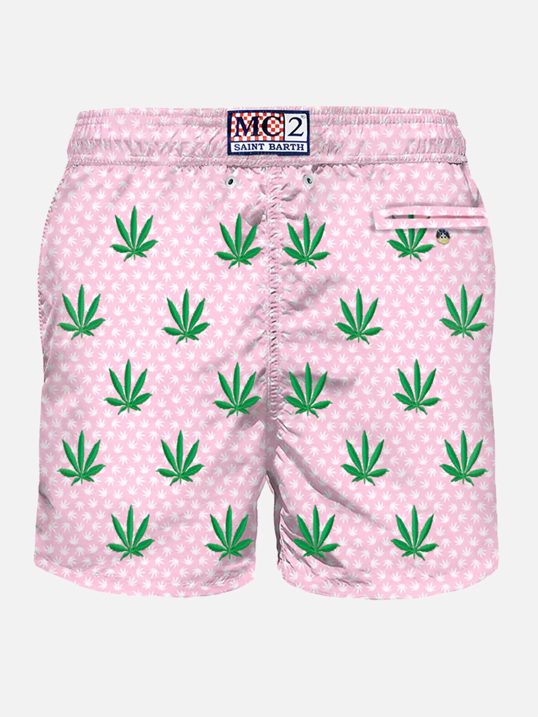 MC2 Saint Barth Man light fabric swim shorts with leaves embroidery Flash Sale