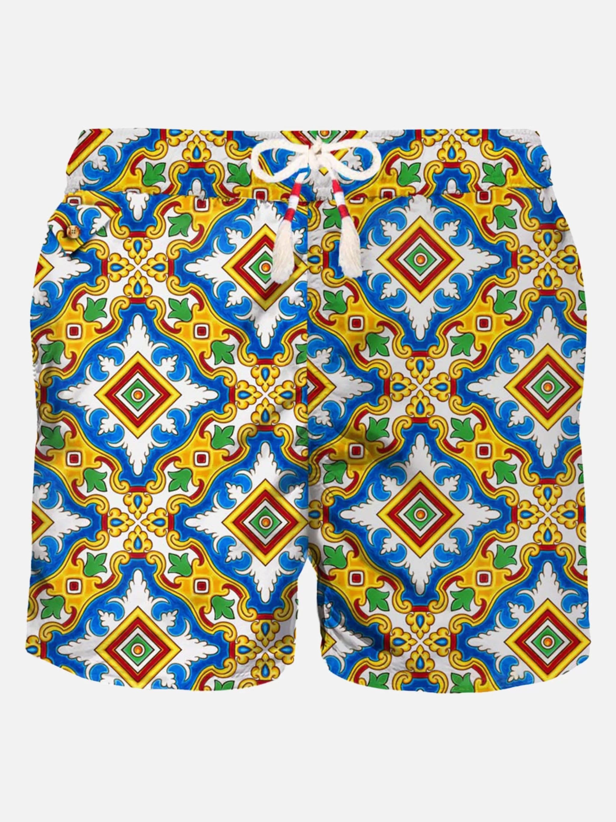 MC2 Saint Barth Man light fabric swim shorts with majolica print Hot