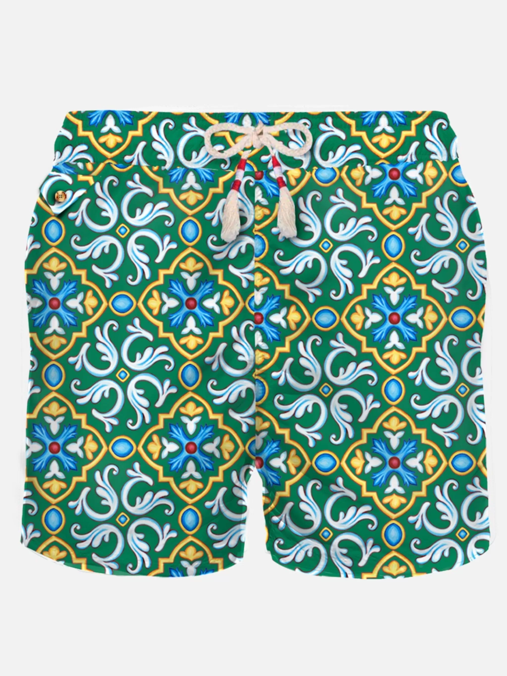 MC2 Saint Barth Man light fabric swim shorts with majolica print Discount