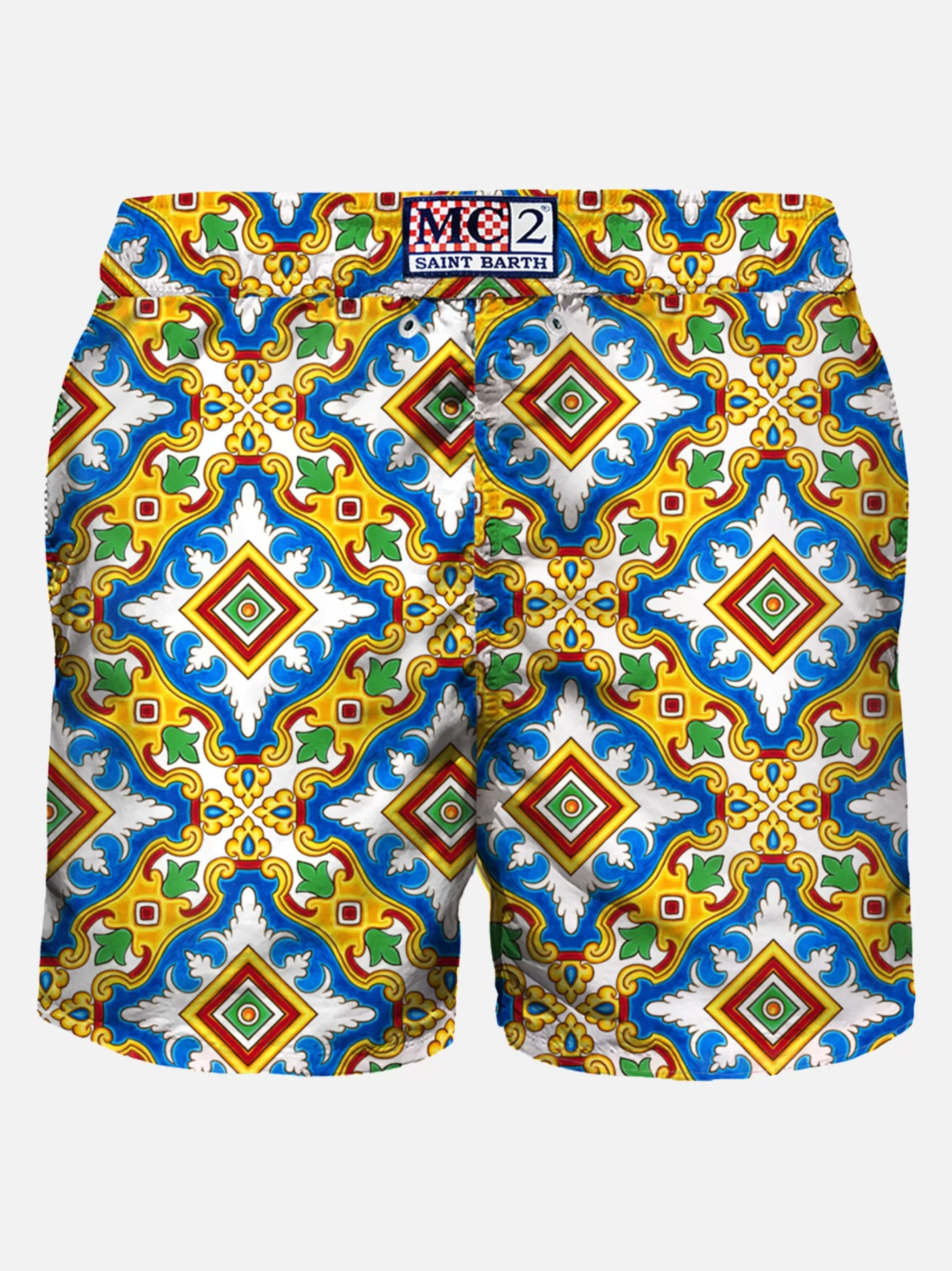 MC2 Saint Barth Man light fabric swim shorts with majolica print Hot