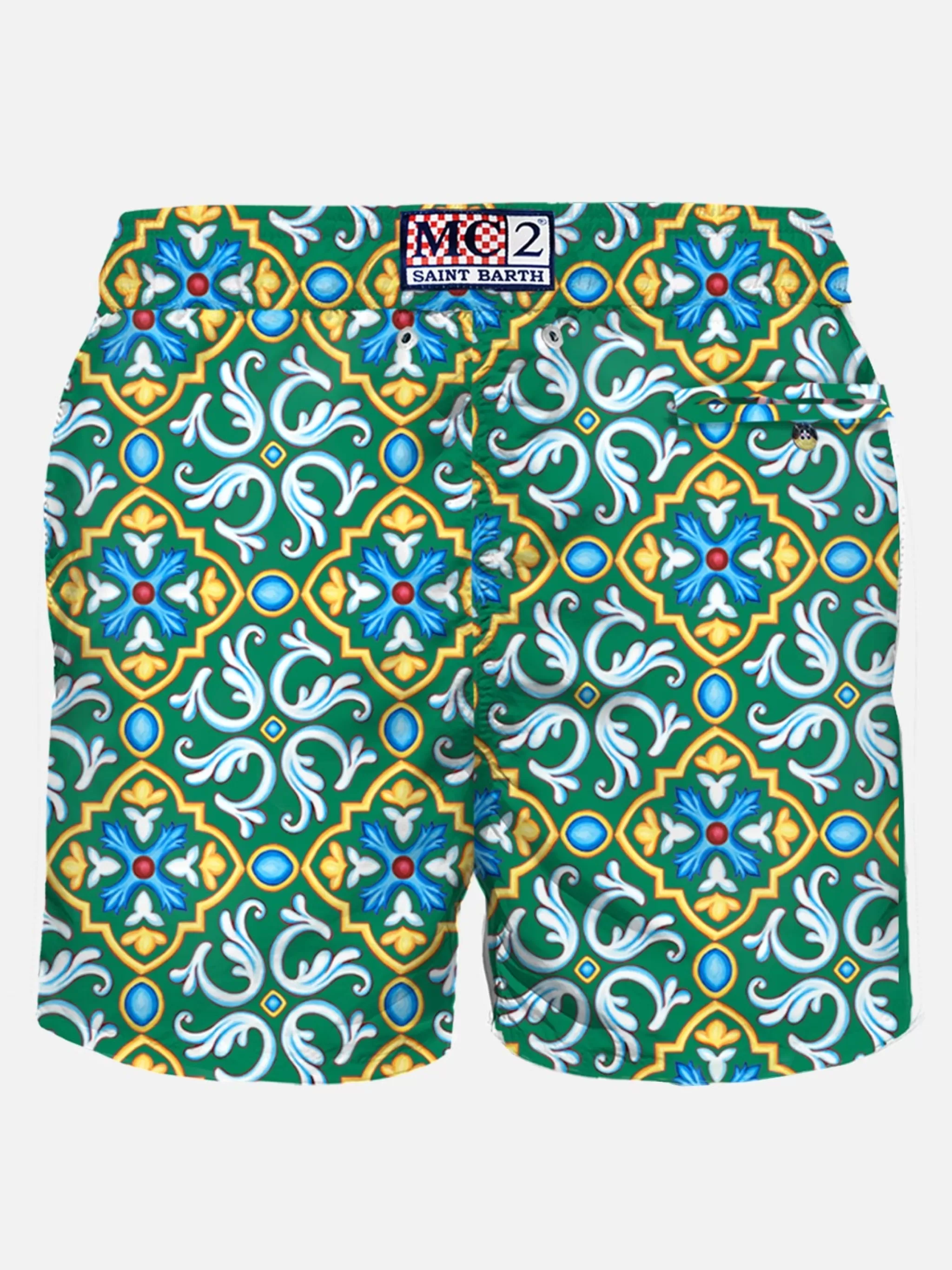 MC2 Saint Barth Man light fabric swim shorts with majolica print Discount