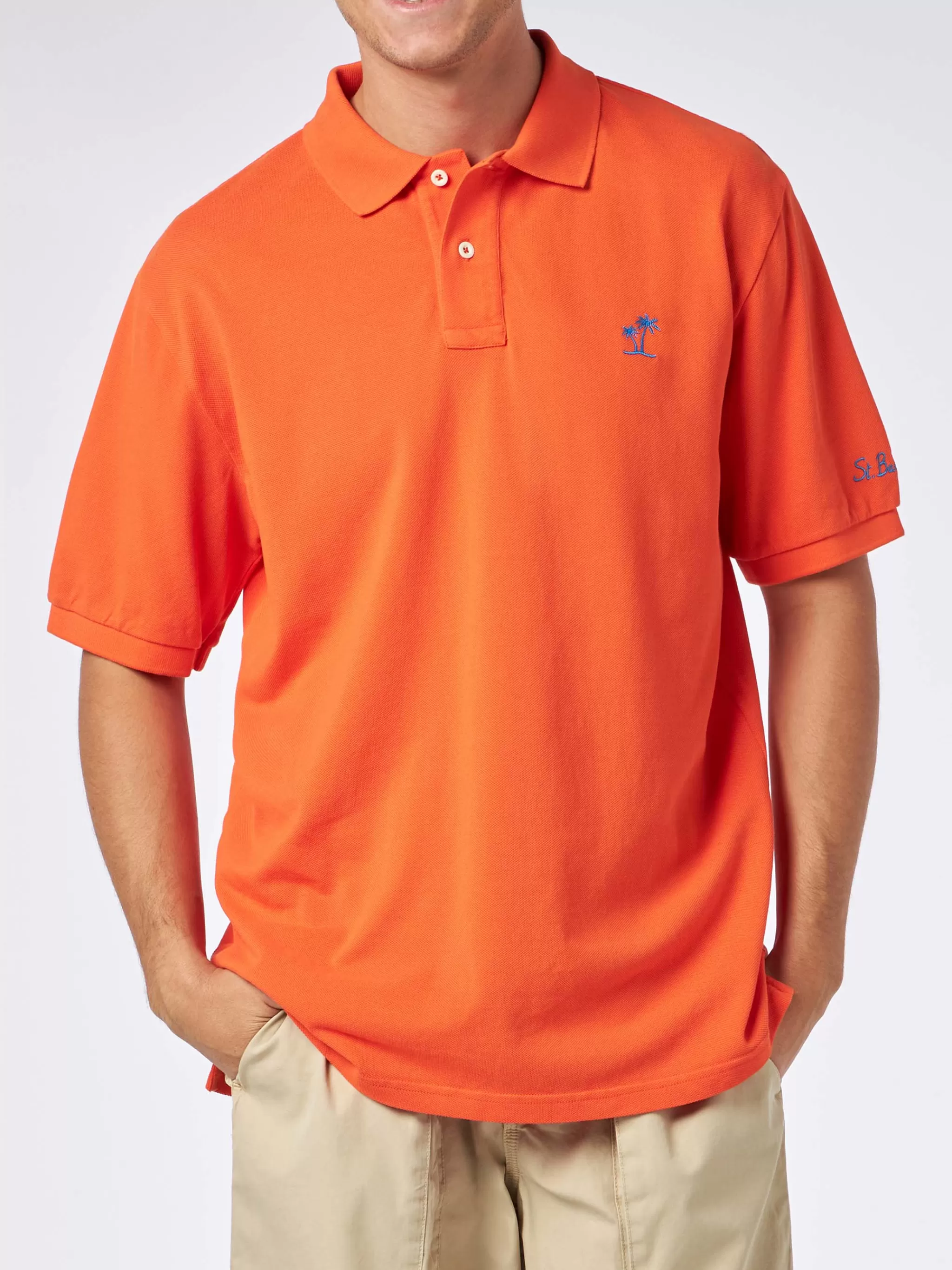 MC2 Saint Barth Man orange piquet polo with St. Barth logo and vintage effect Hot
