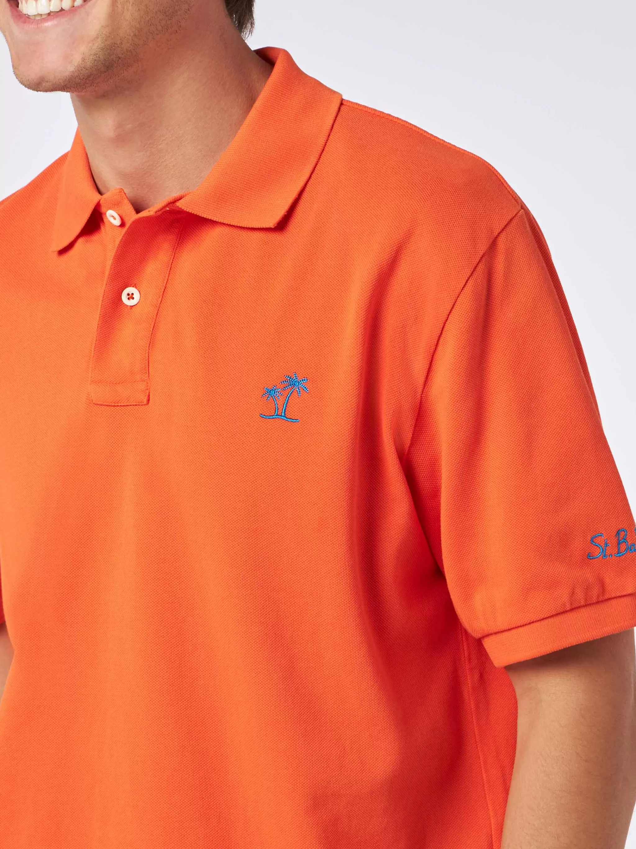 MC2 Saint Barth Man orange piquet polo with St. Barth logo and vintage effect Hot