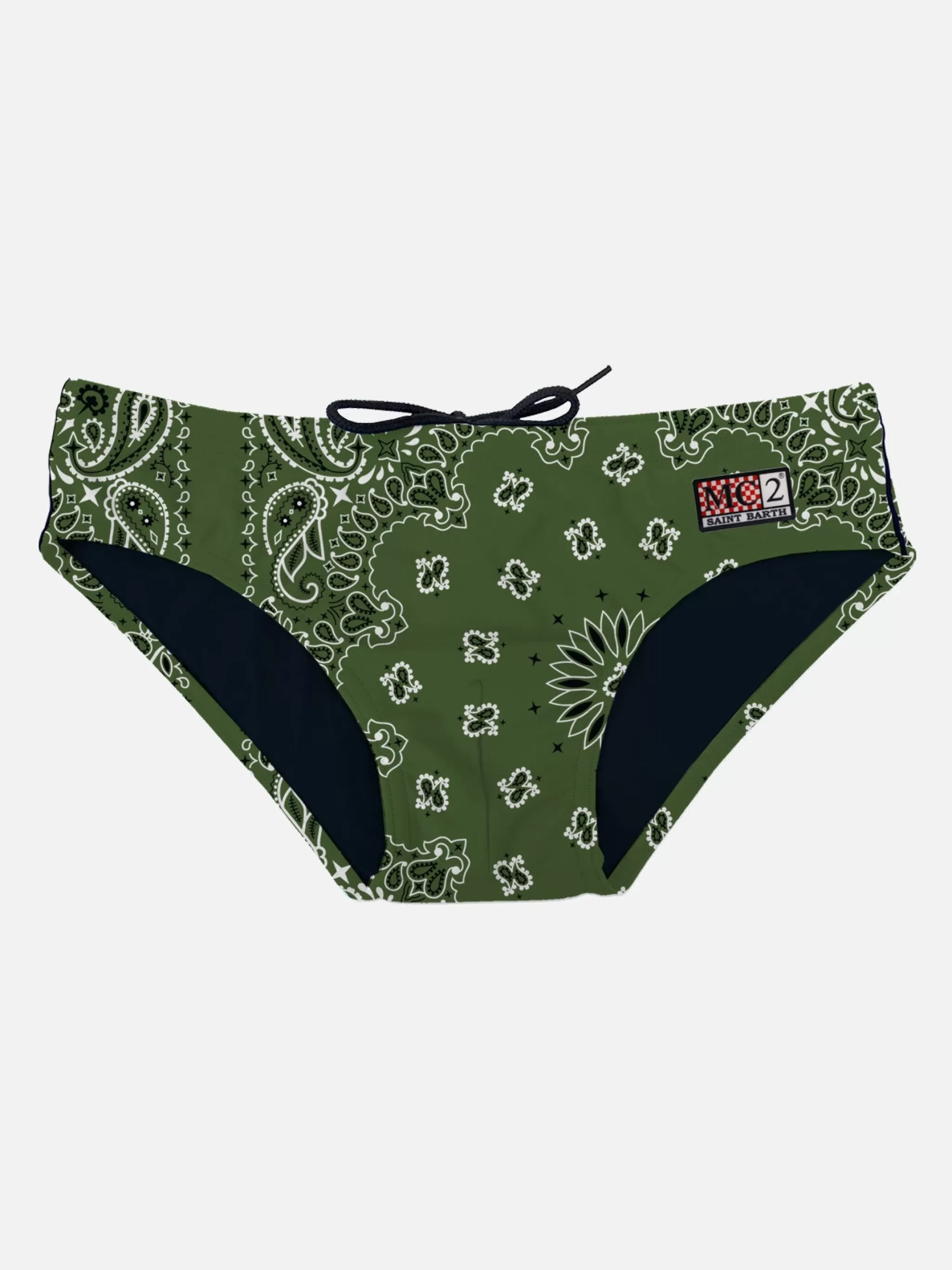 MC2 Saint Barth Man swim briefs with military green bandanna print Flash Sale