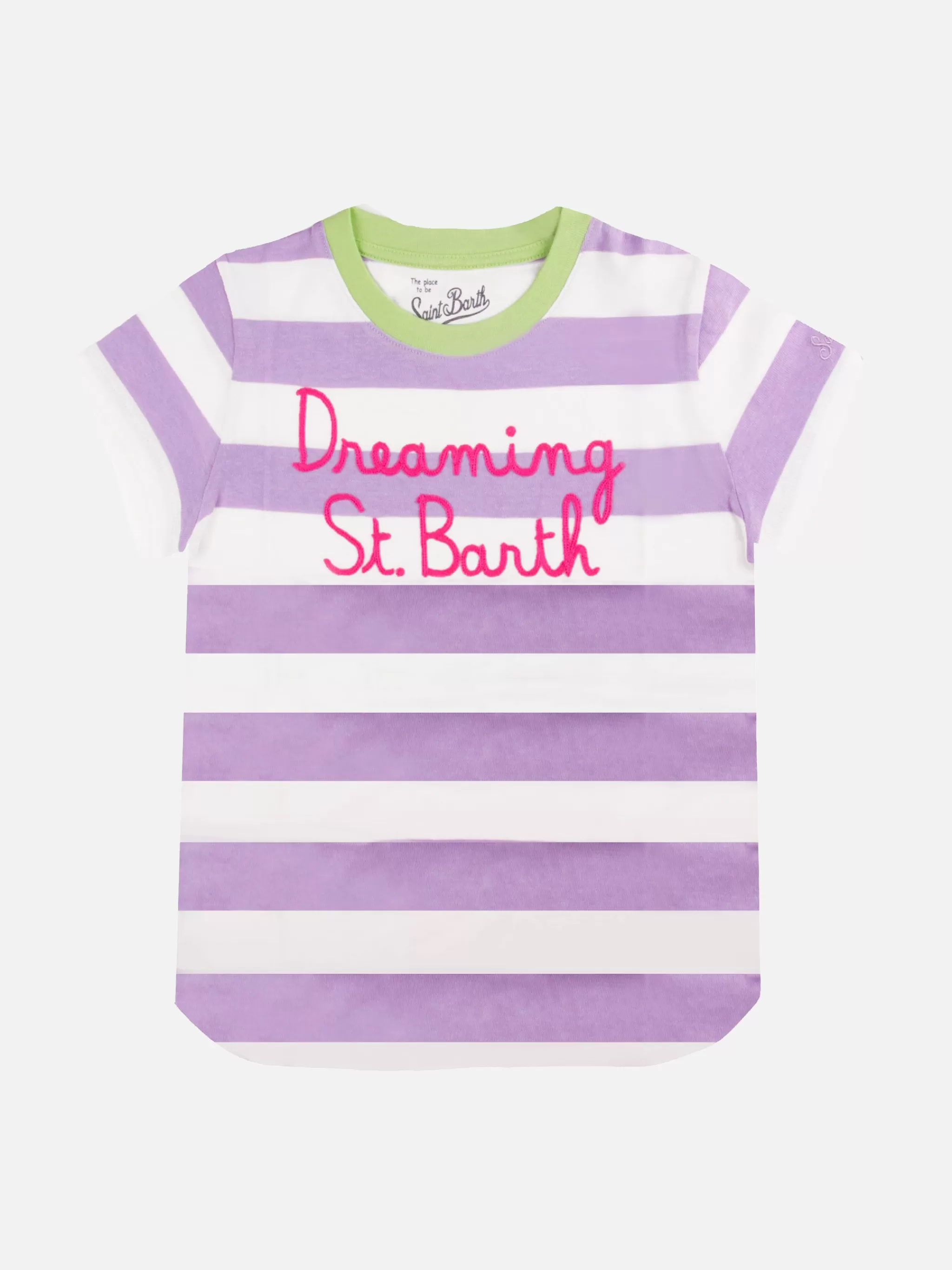 MC2 Saint Barth Pink and white striped girl's t-shirt with embroided written Outlet