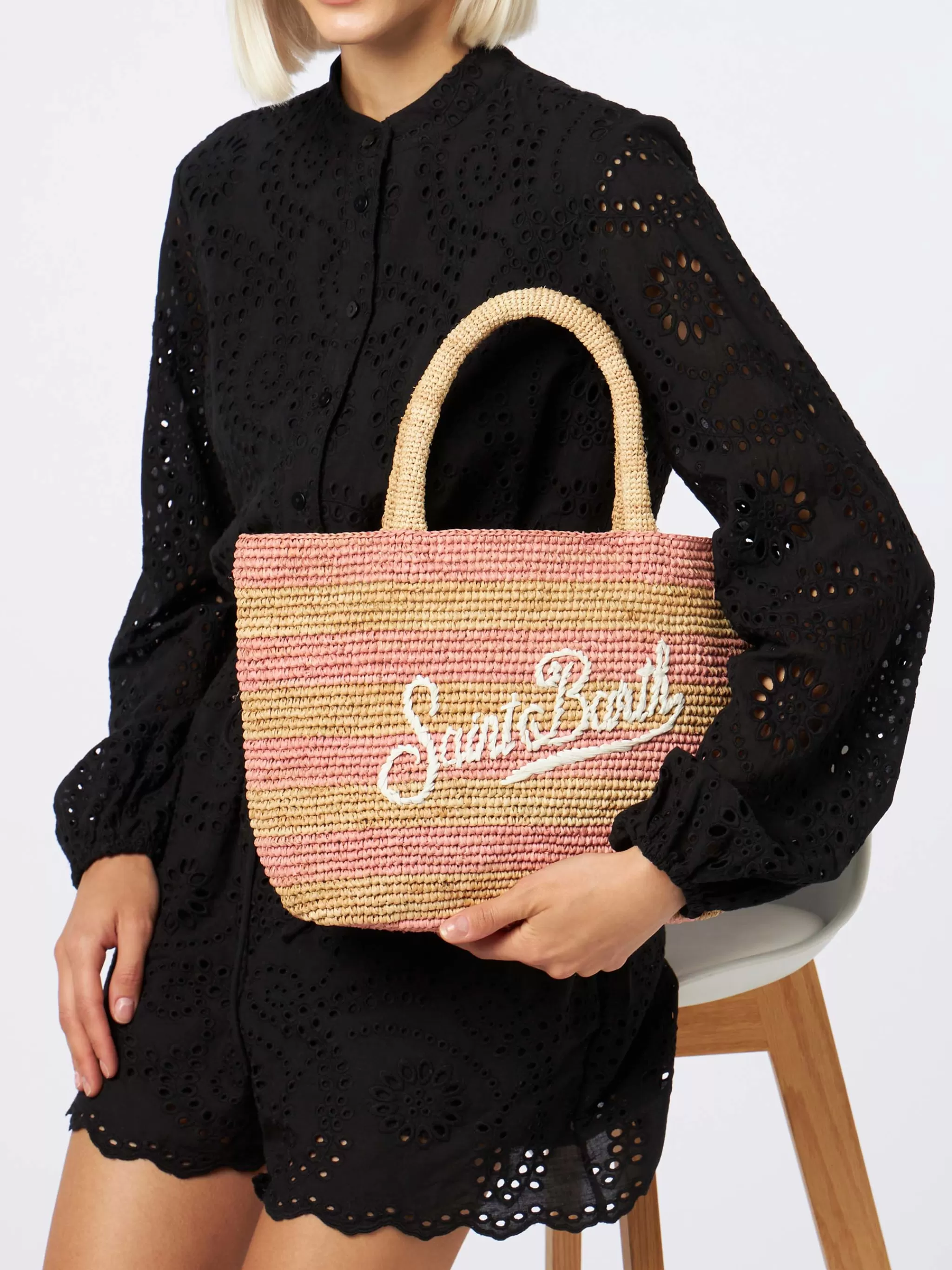 MC2 Saint Barth Pink striped Raffia Beach midi bag with cotton pouch Best Sale