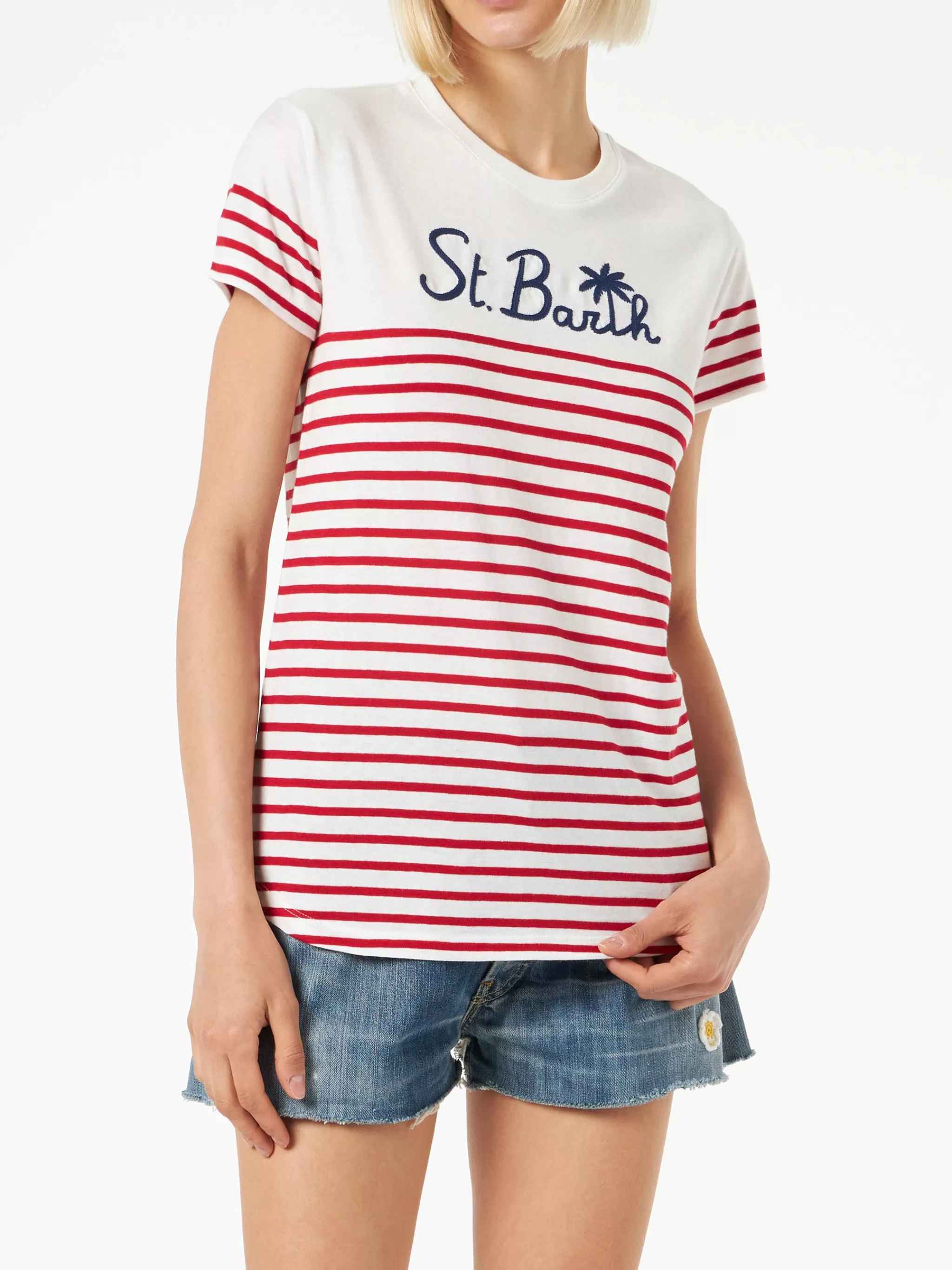 MC2 Saint Barth Red striped cotton t-shirt with St. Barth embroidery New