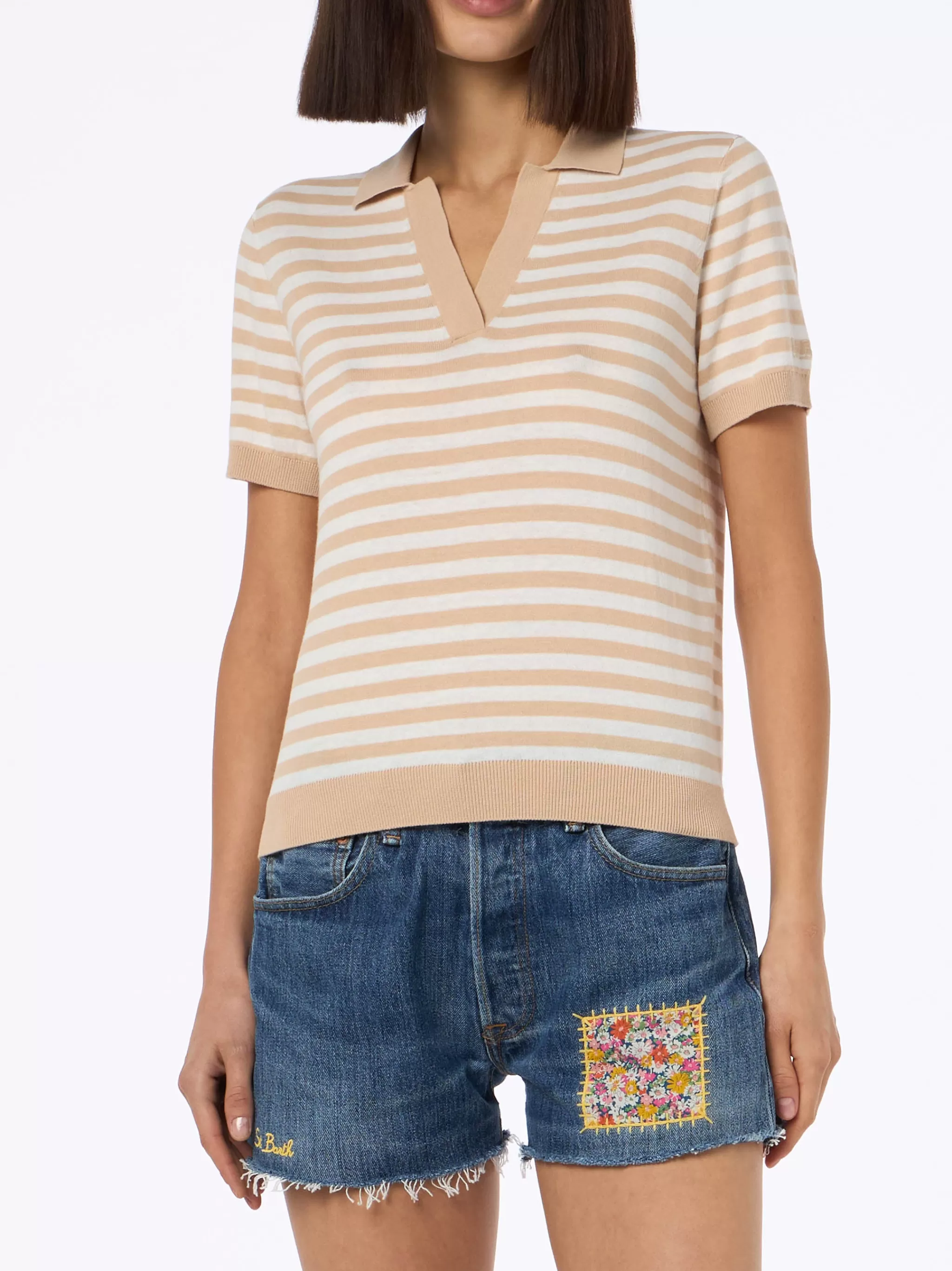 MC2 Saint Barth Woman beige striped knitted polo Evonne Clearance