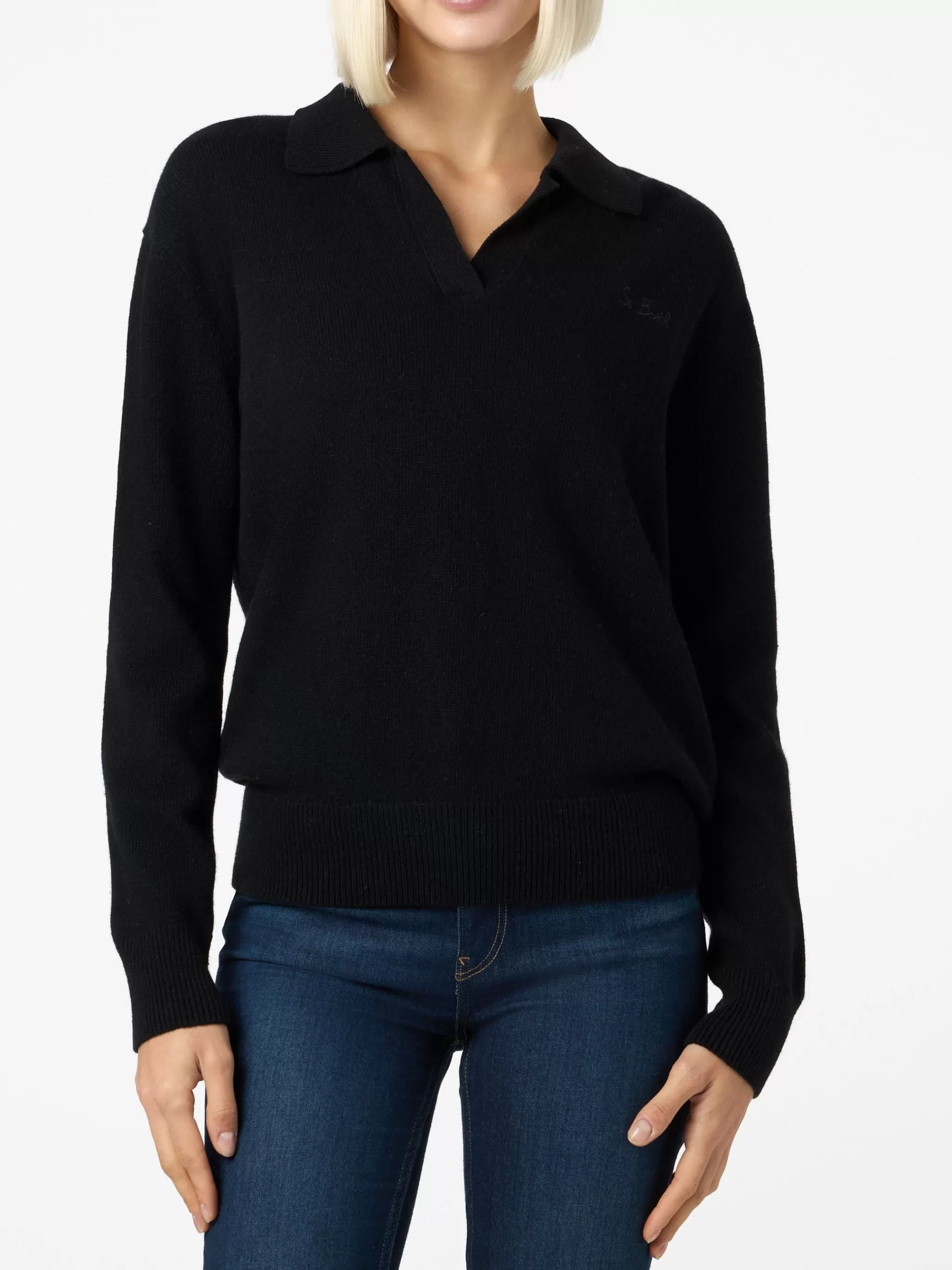 MC2 Saint Barth Woman black cashmere blend sweater Eze with polo collar Outlet