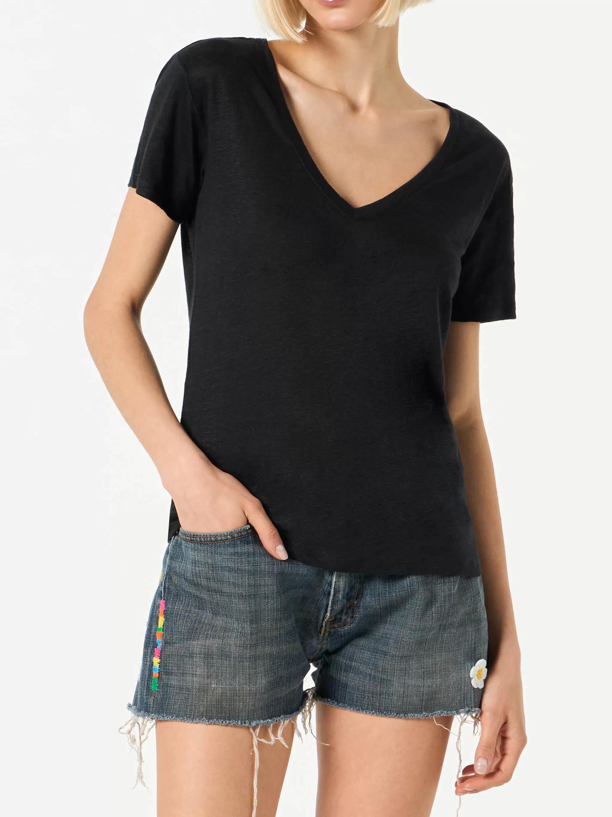 MC2 Saint Barth Woman black linen t-shirt Outlet