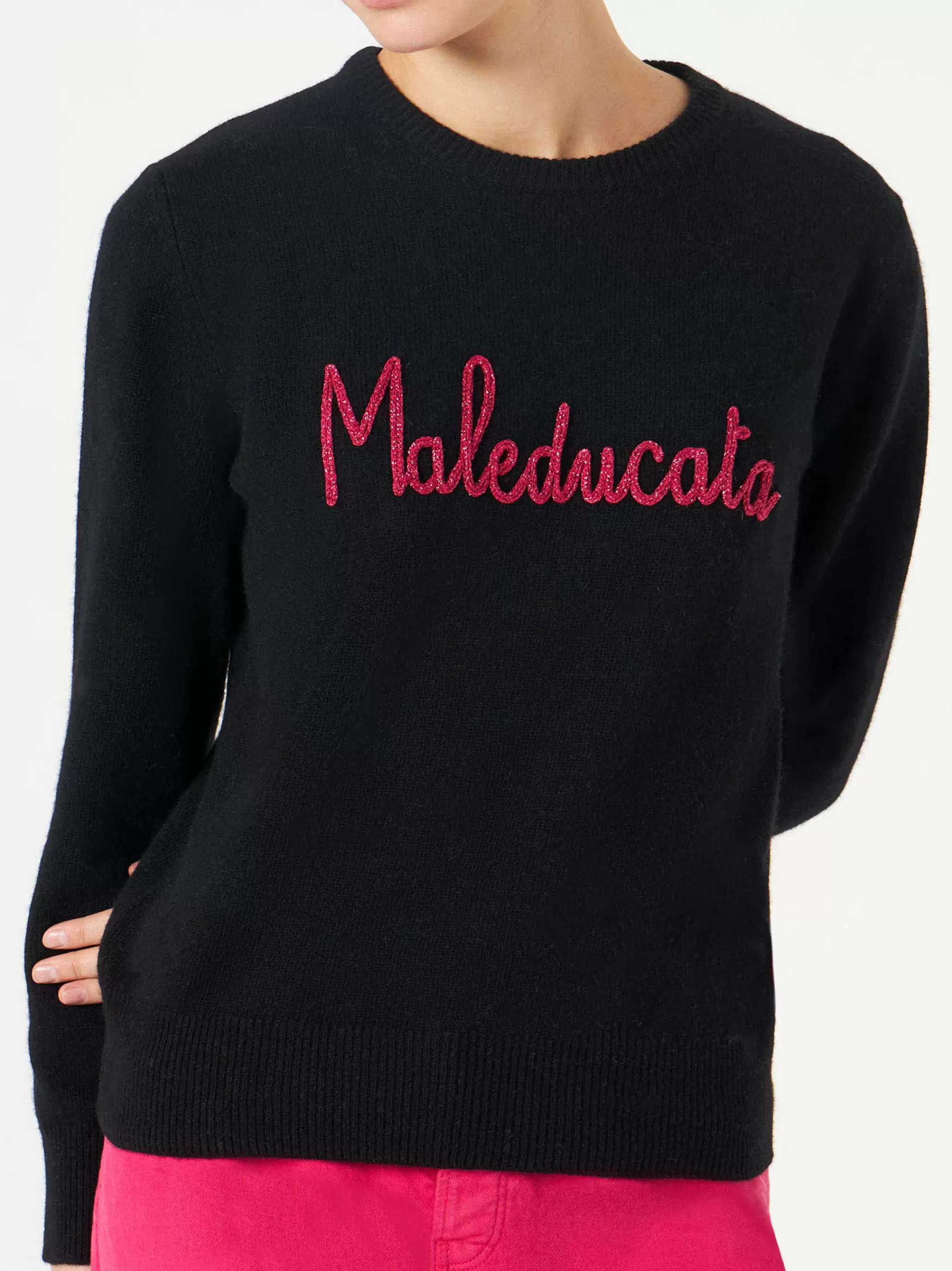 MC2 Saint Barth Woman black sweater Maleducata lurex embroidery Flash Sale