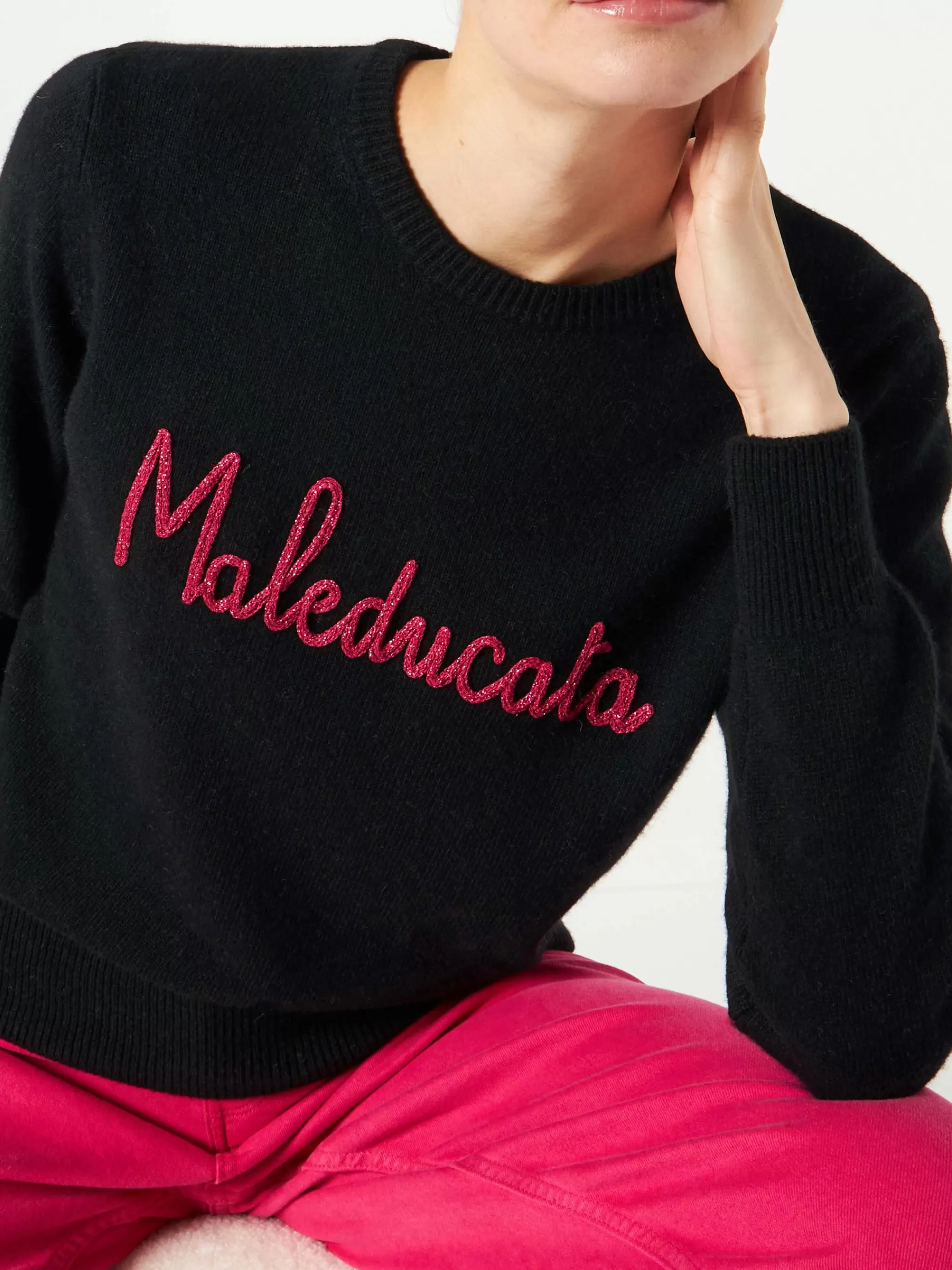 MC2 Saint Barth Woman black sweater Maleducata lurex embroidery Flash Sale