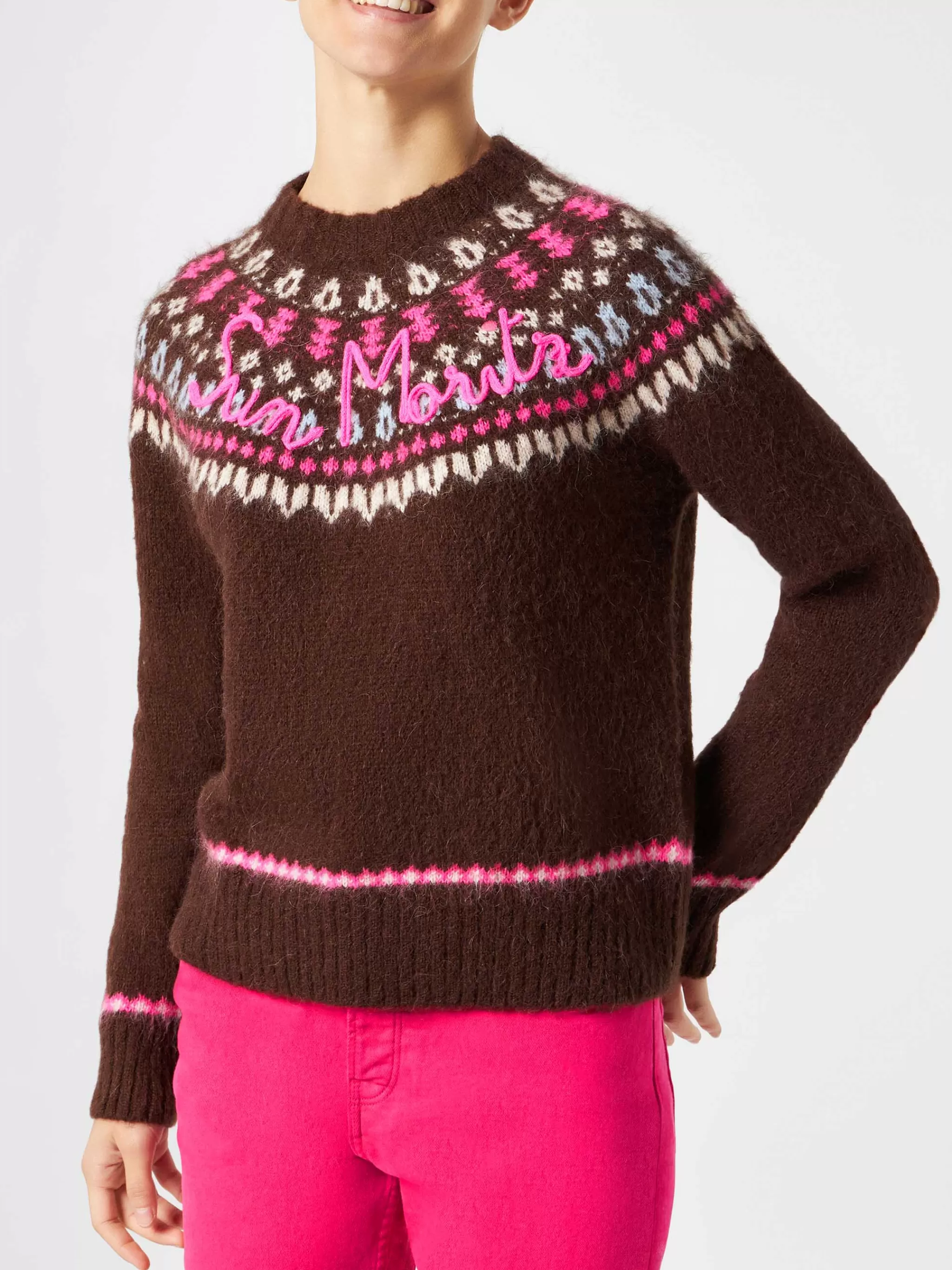 MC2 Saint Barth Woman brown crewneck nordic jacquard sweater Best