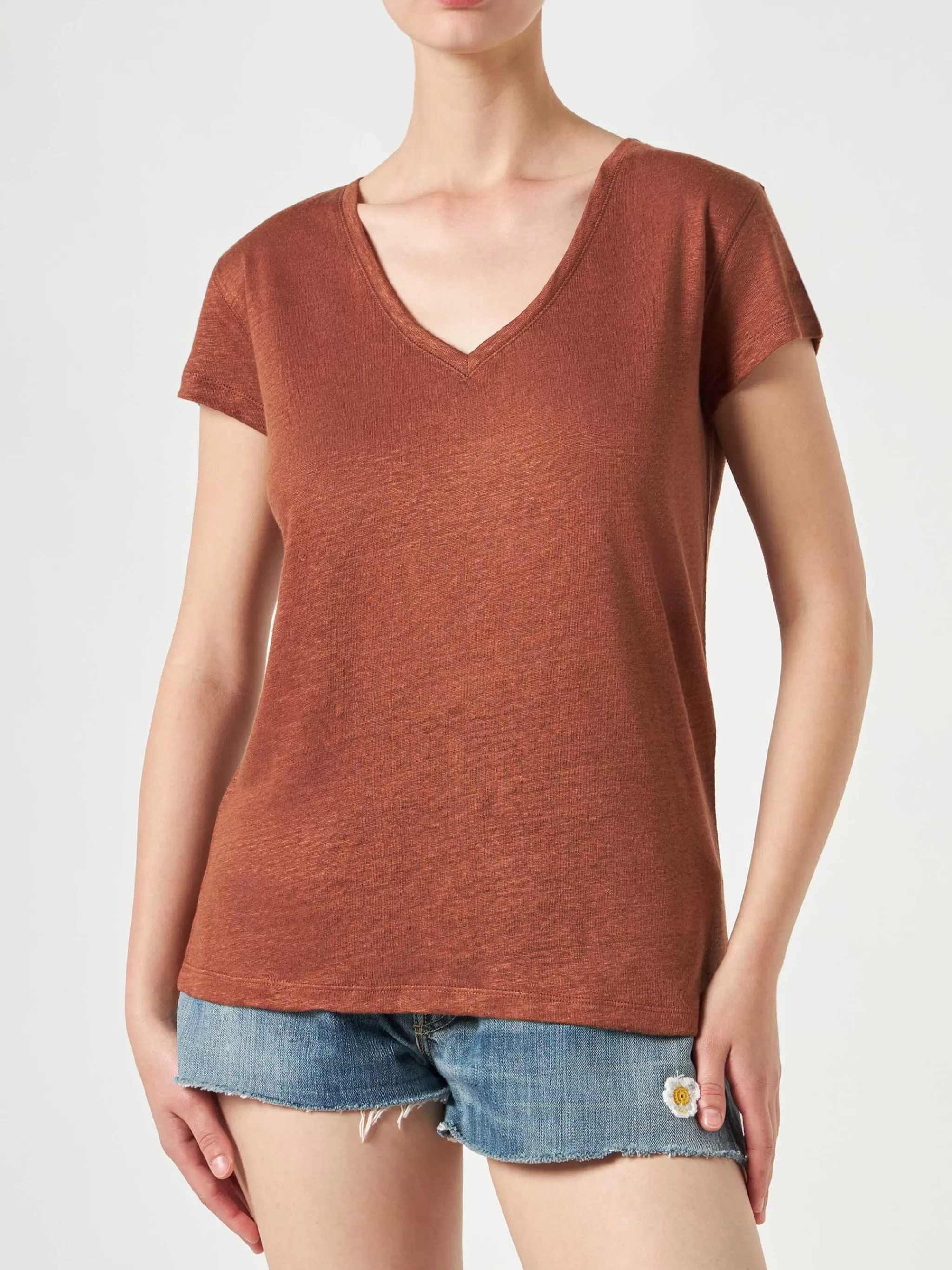 MC2 Saint Barth Woman brown linen t-shirt Outlet