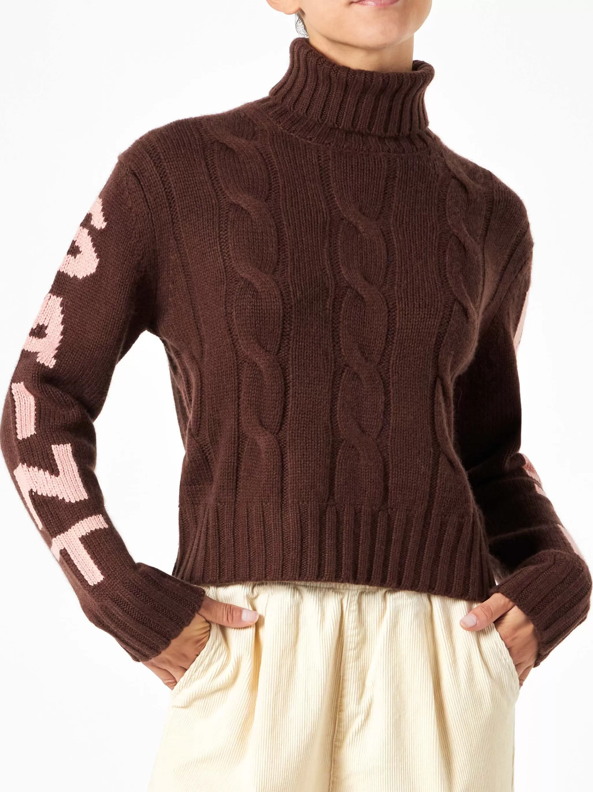 MC2 Saint Barth Woman brown turtleneck braided sweater Store