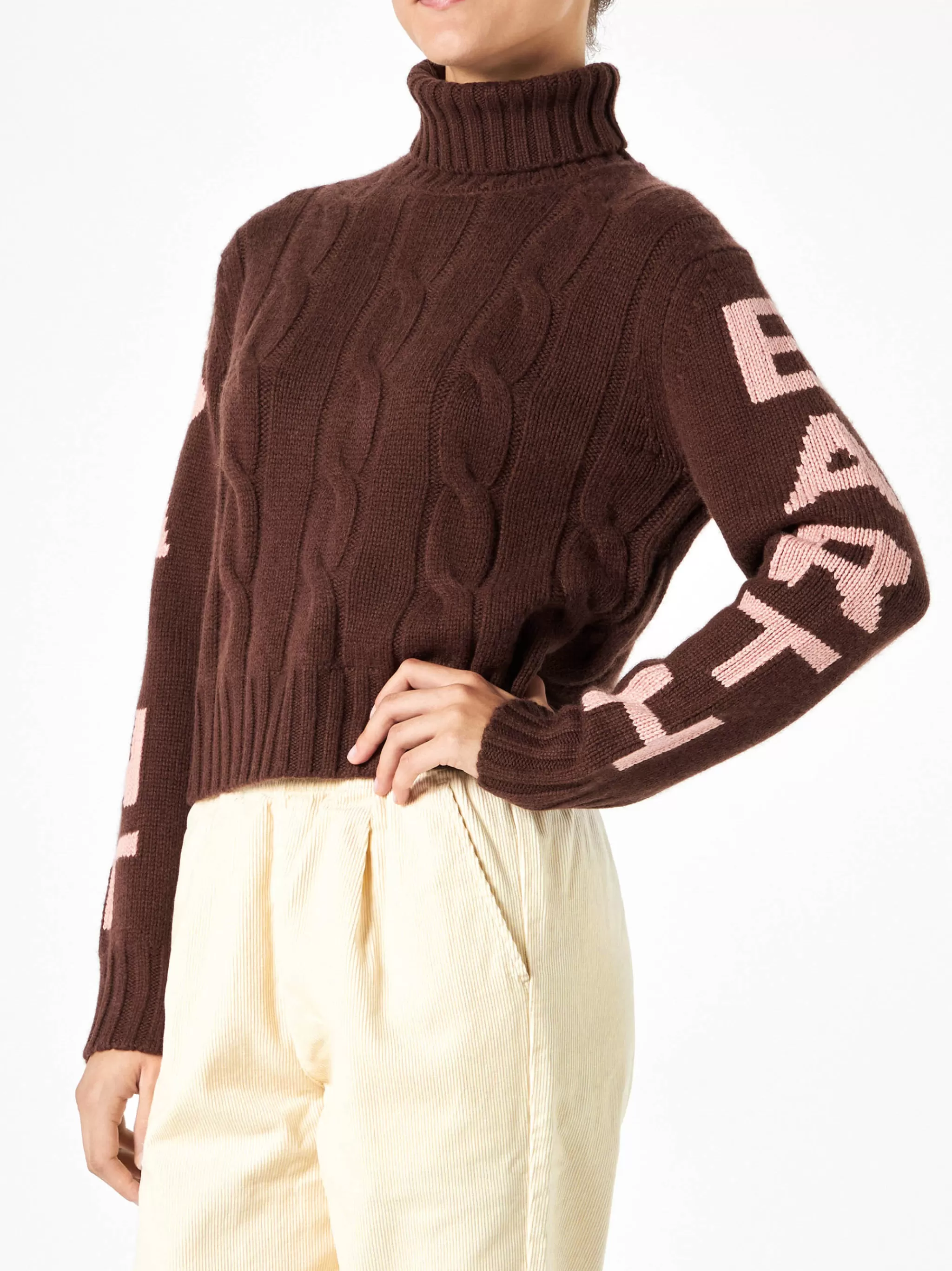 MC2 Saint Barth Woman brown turtleneck braided sweater Store