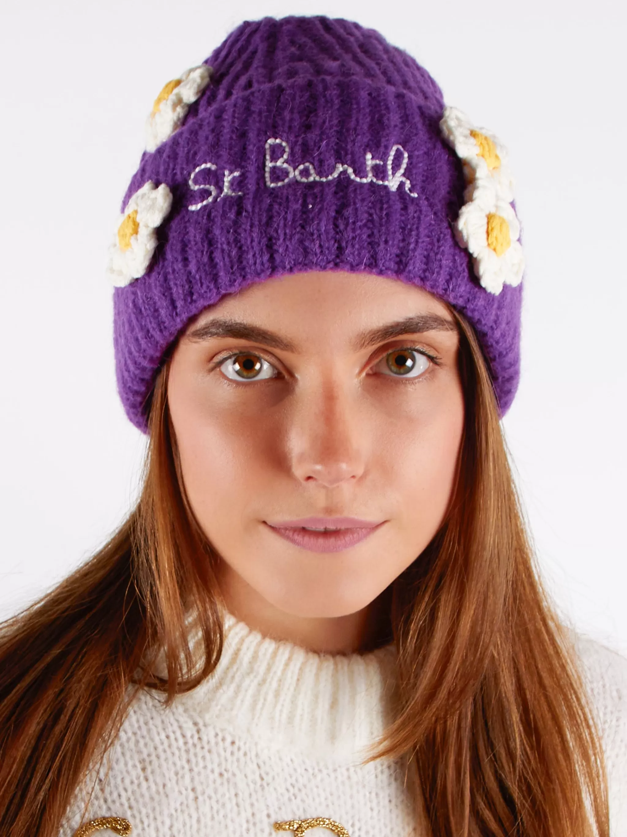 MC2 Saint Barth Woman brushed and ultra soft beanie with daisies appliqués Cheap