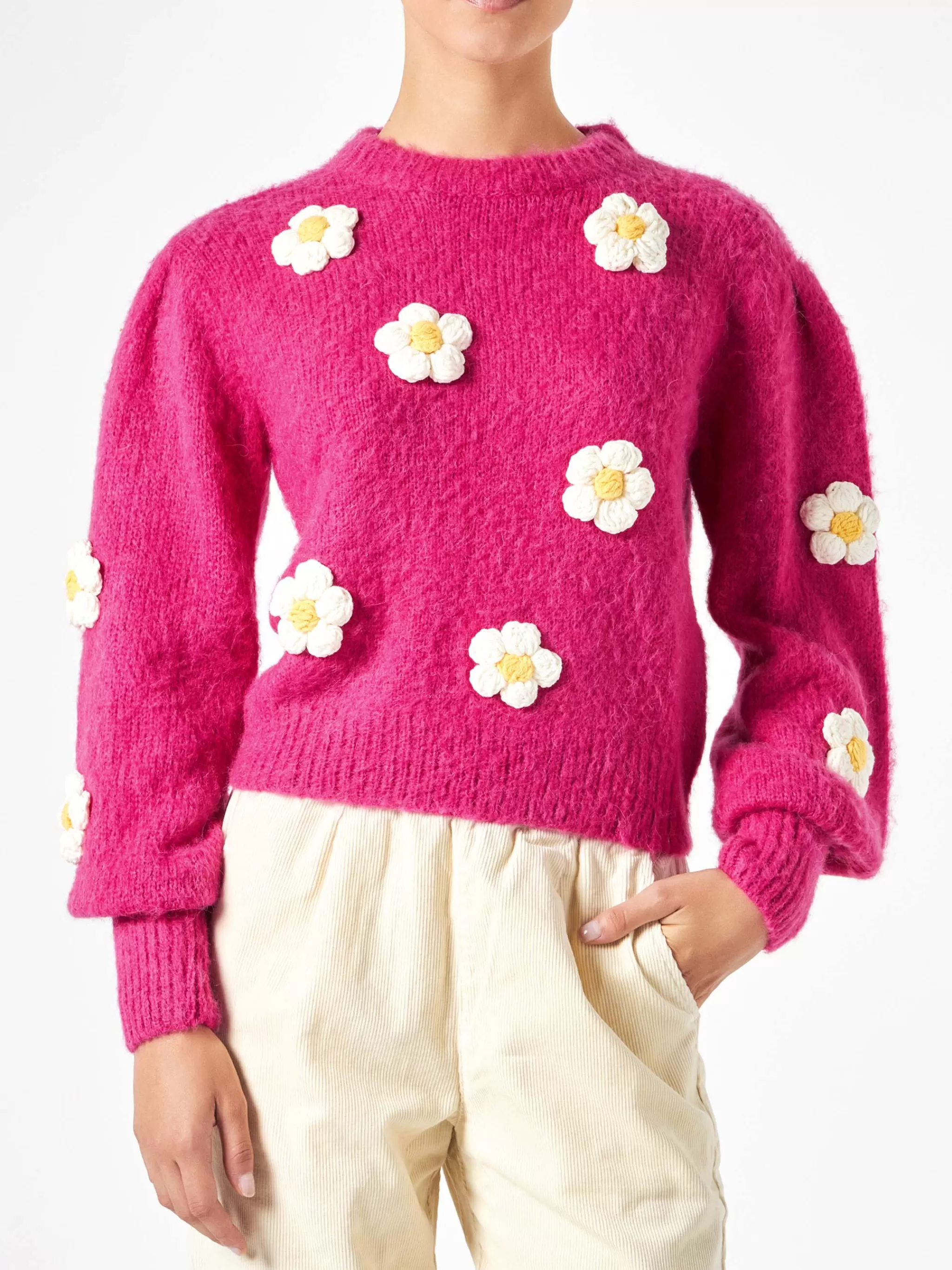 MC2 Saint Barth Woman brushed sweater with crochet flowers appliqués Shop