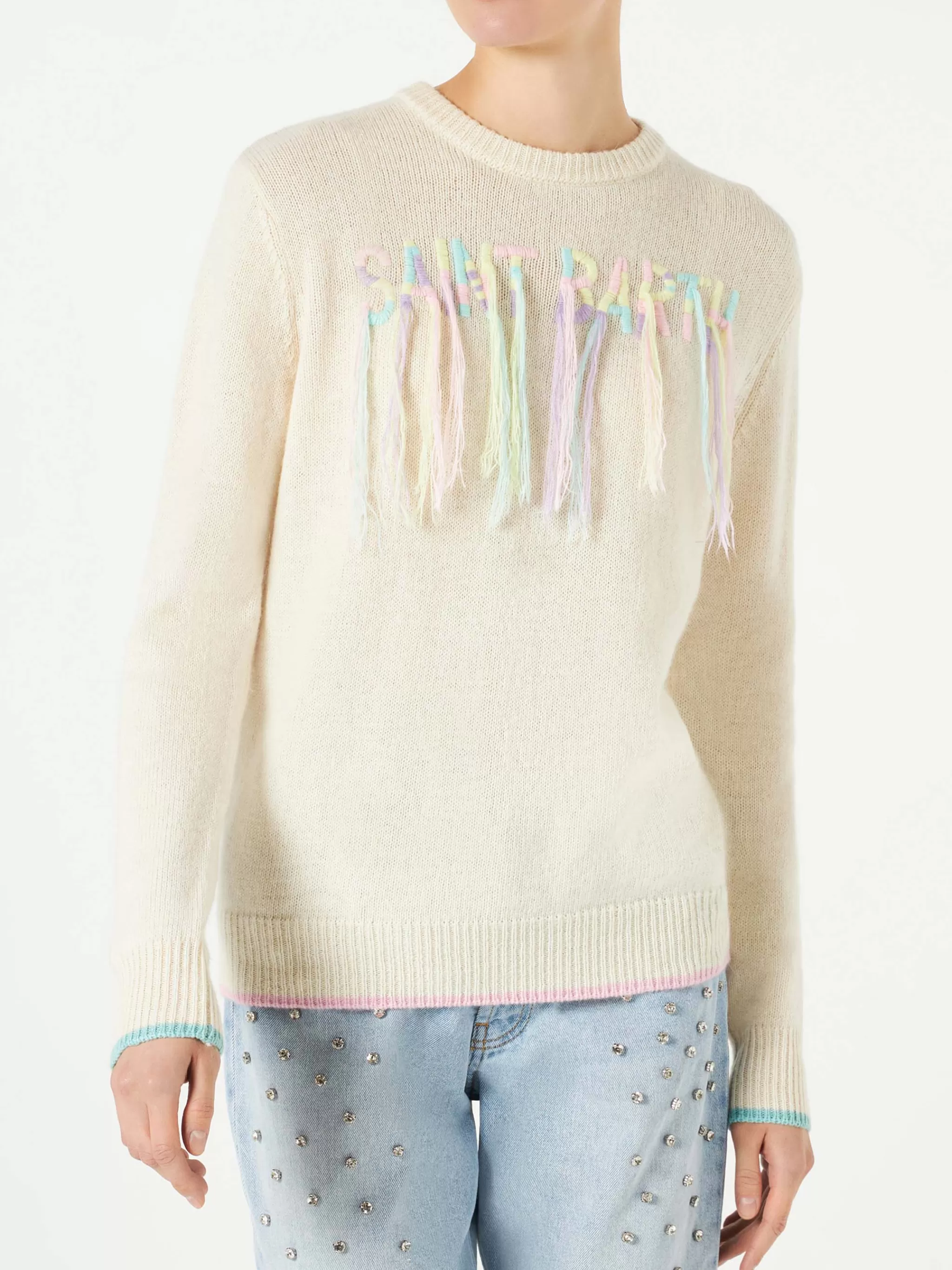 MC2 Saint Barth Woman brushed sweater with Saint Barth fringed embroidery Online