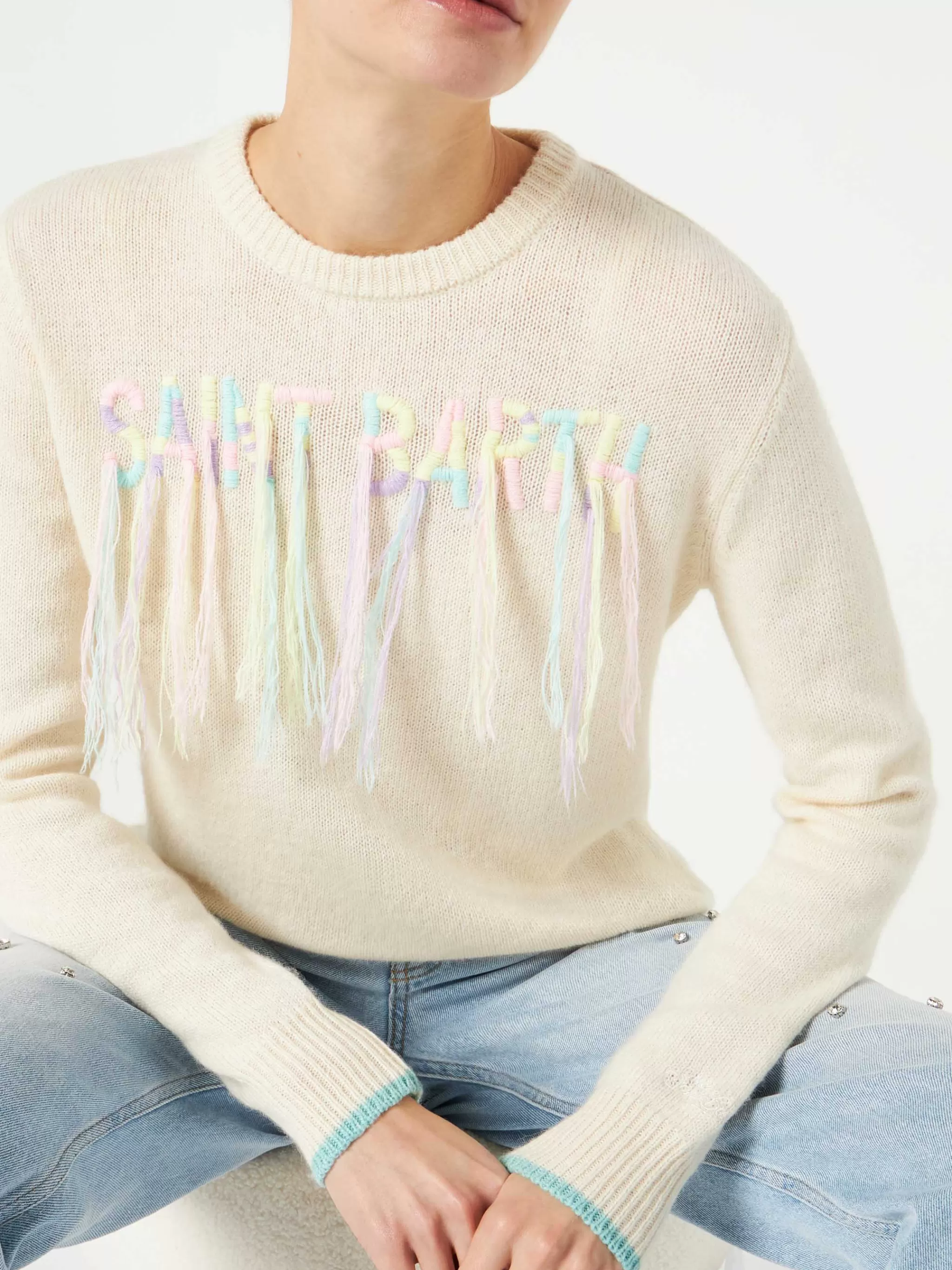 MC2 Saint Barth Woman brushed sweater with Saint Barth fringed embroidery Online