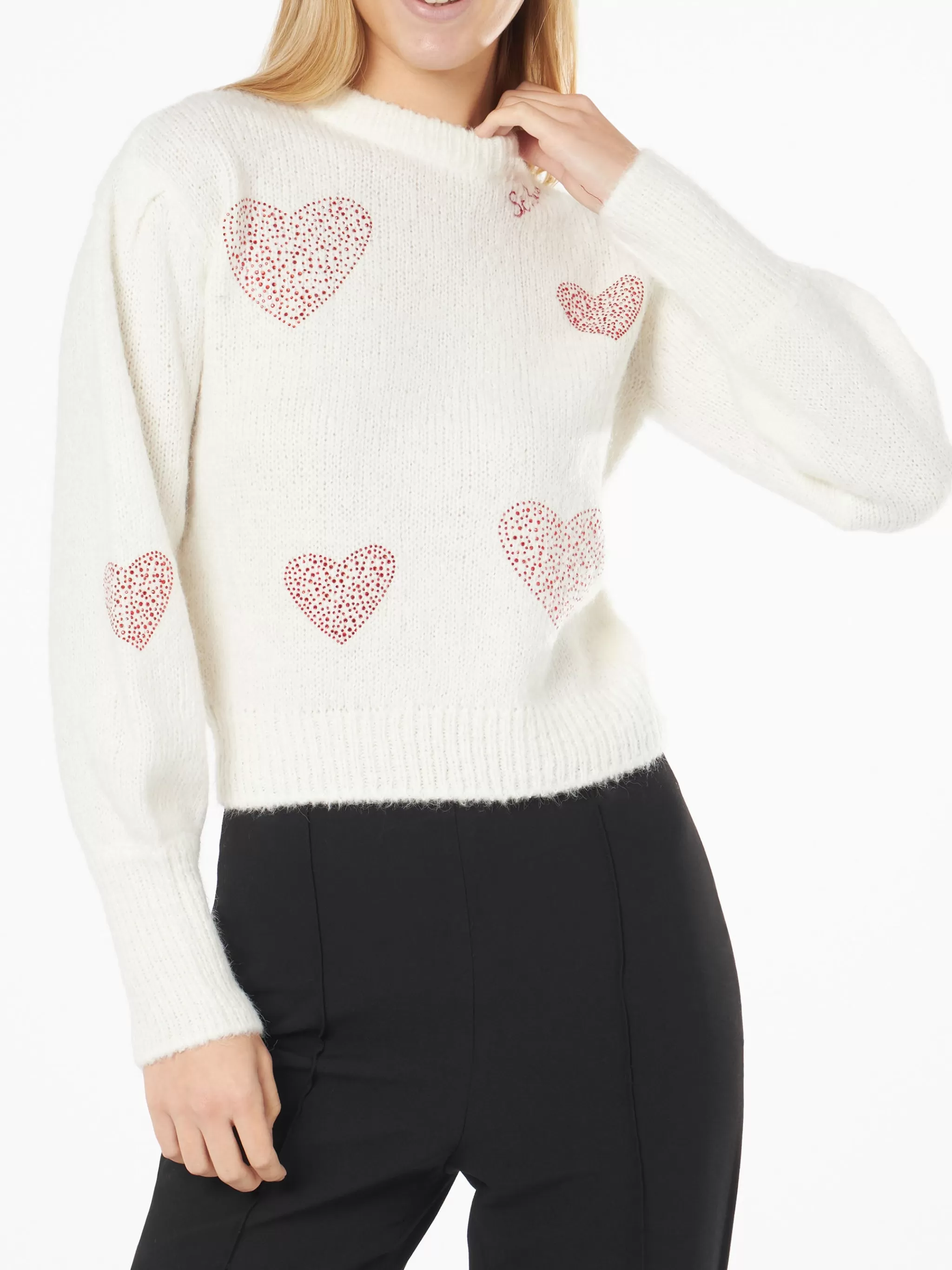 MC2 Saint Barth Woman brushed white sweater with rhinestones hearts Store