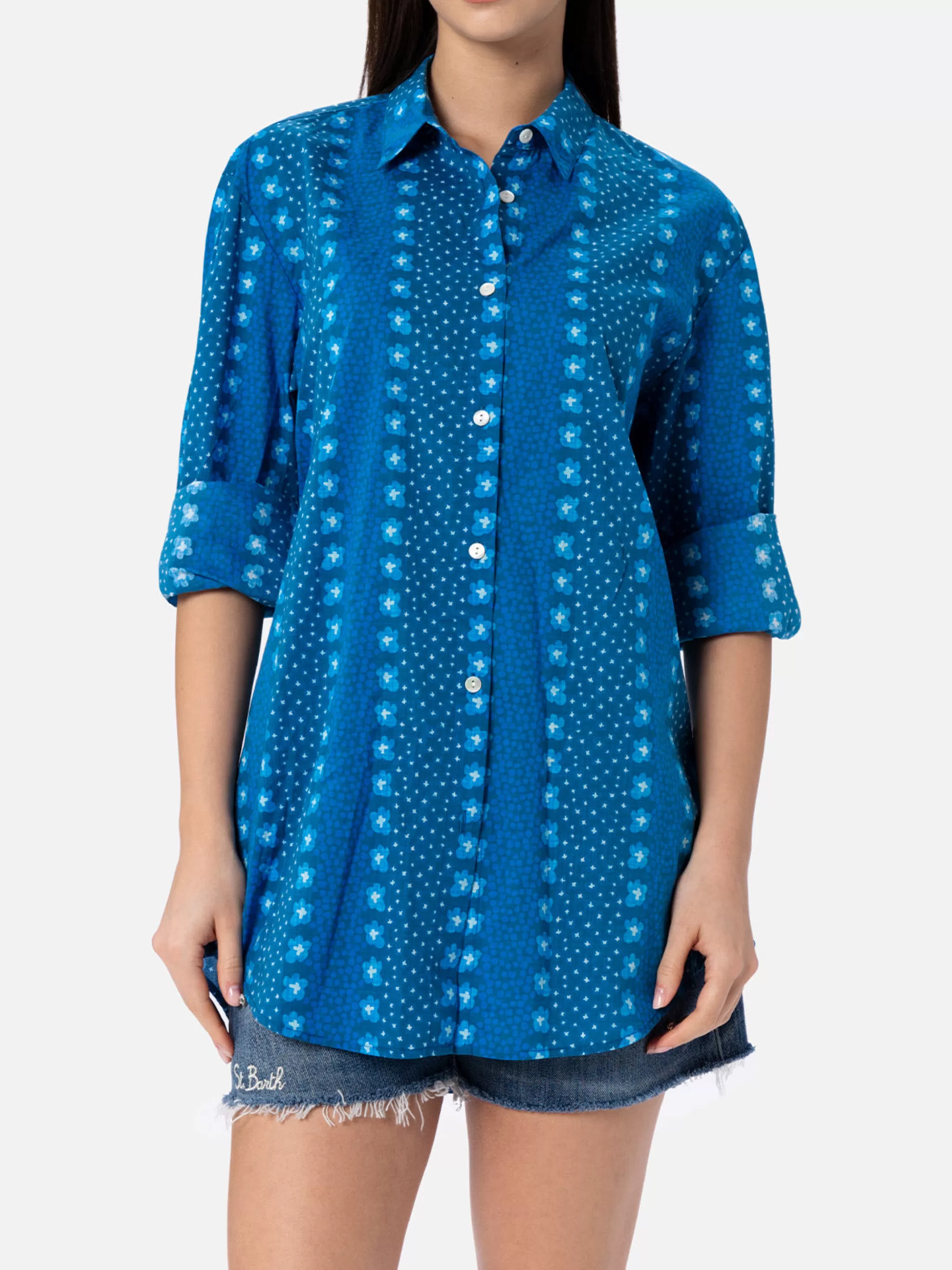 MC2 Saint Barth Woman cotton shirt Brigitte with indigo flower print Best Sale