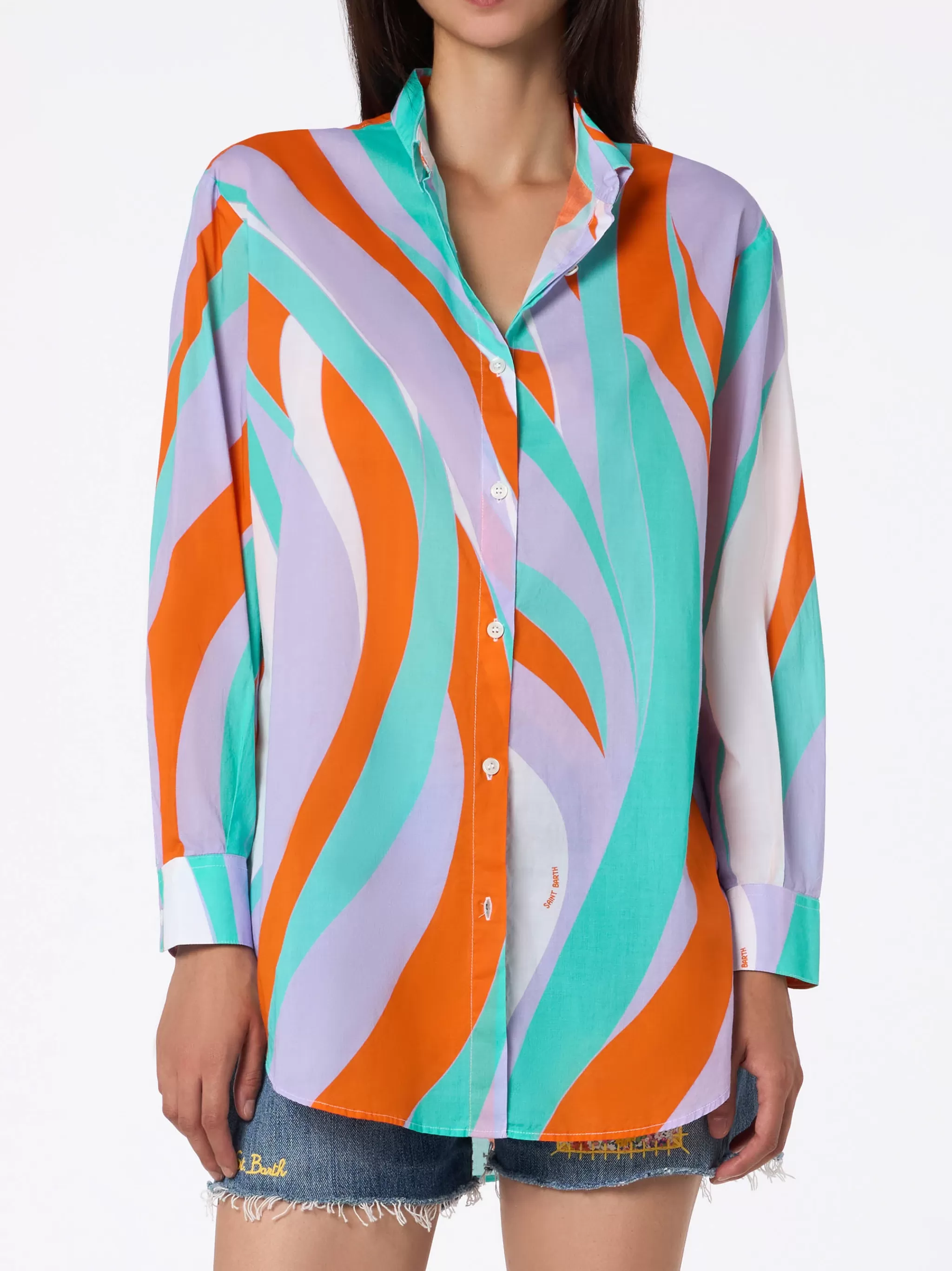 MC2 Saint Barth Woman cotton shirt Brigitte with shape wave print Clearance