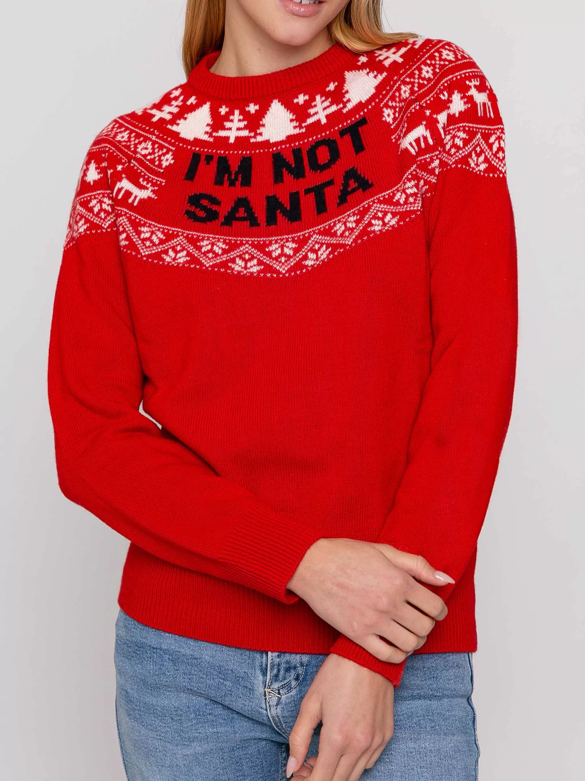 MC2 Saint Barth Woman crewneck red sweater with I'm not Santa jacquard Store