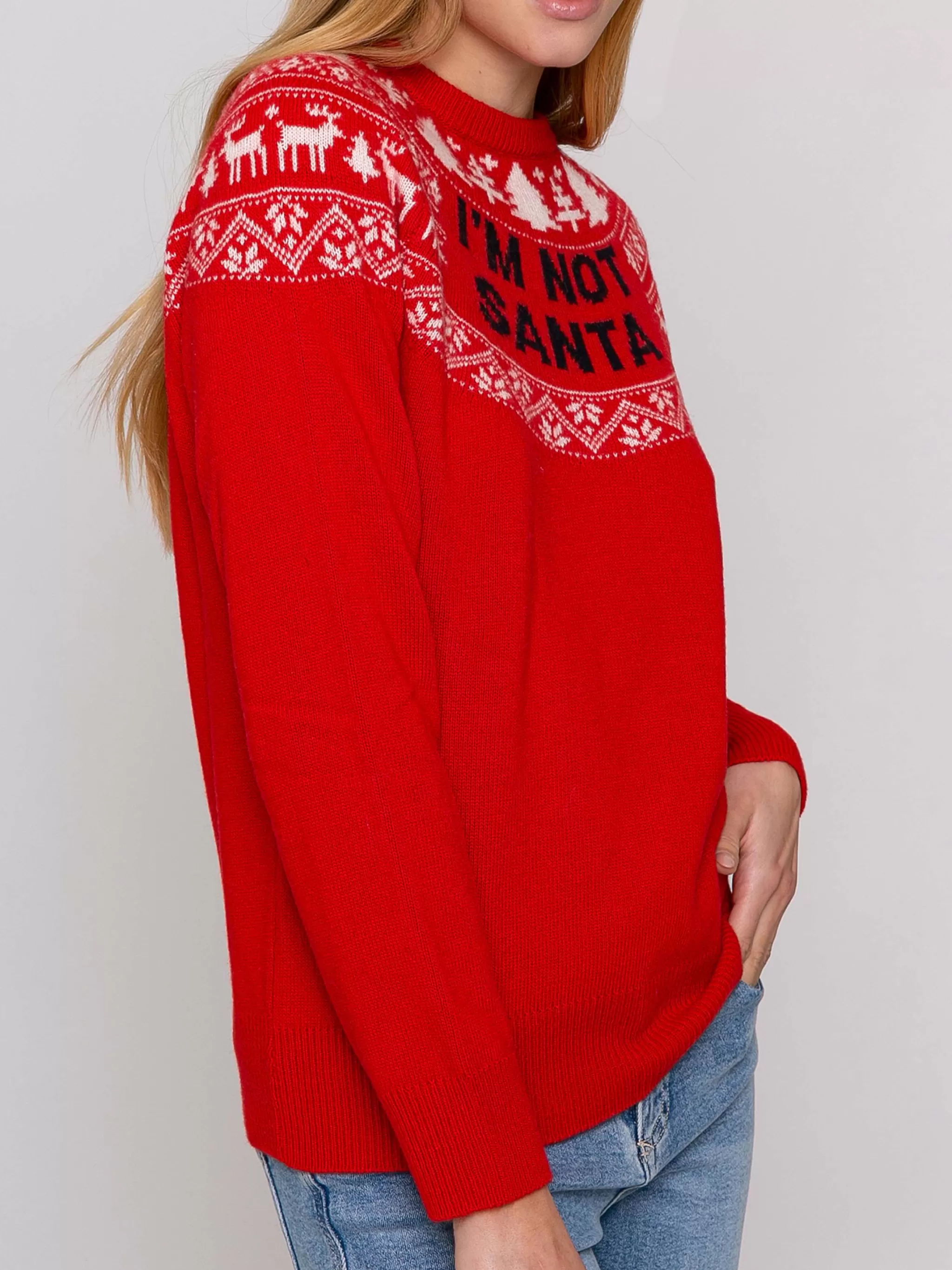 MC2 Saint Barth Woman crewneck red sweater with I'm not Santa jacquard Store